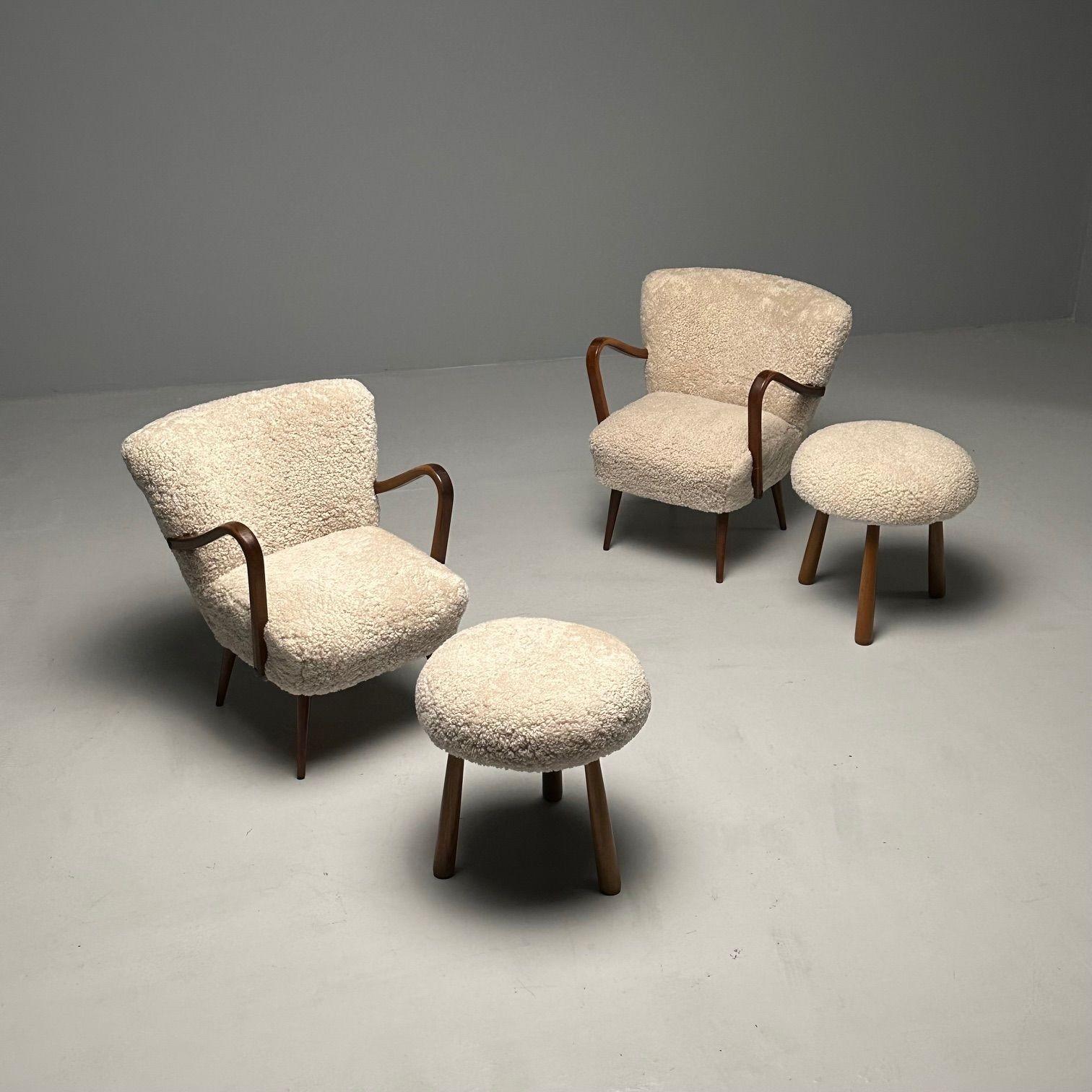 Swedish Designer, Mid-Century Modern, Beige Sheepskin Lounge Chairs, Beech, 1950 In Good Condition In Stamford, CT