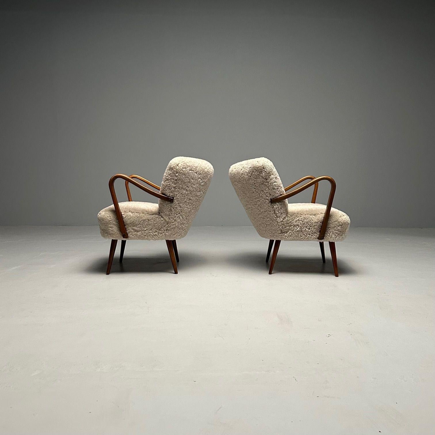 Wool Swedish Designer, Mid-Century Modern, Beige Sheepskin Lounge Chairs, Beech, 1950
