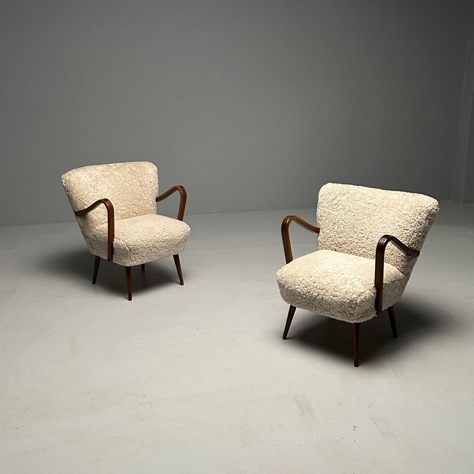 Swedish Designer, Mid-Century Modern, Beige Sheepskin Lounge Chairs, Beech, 1950 1
