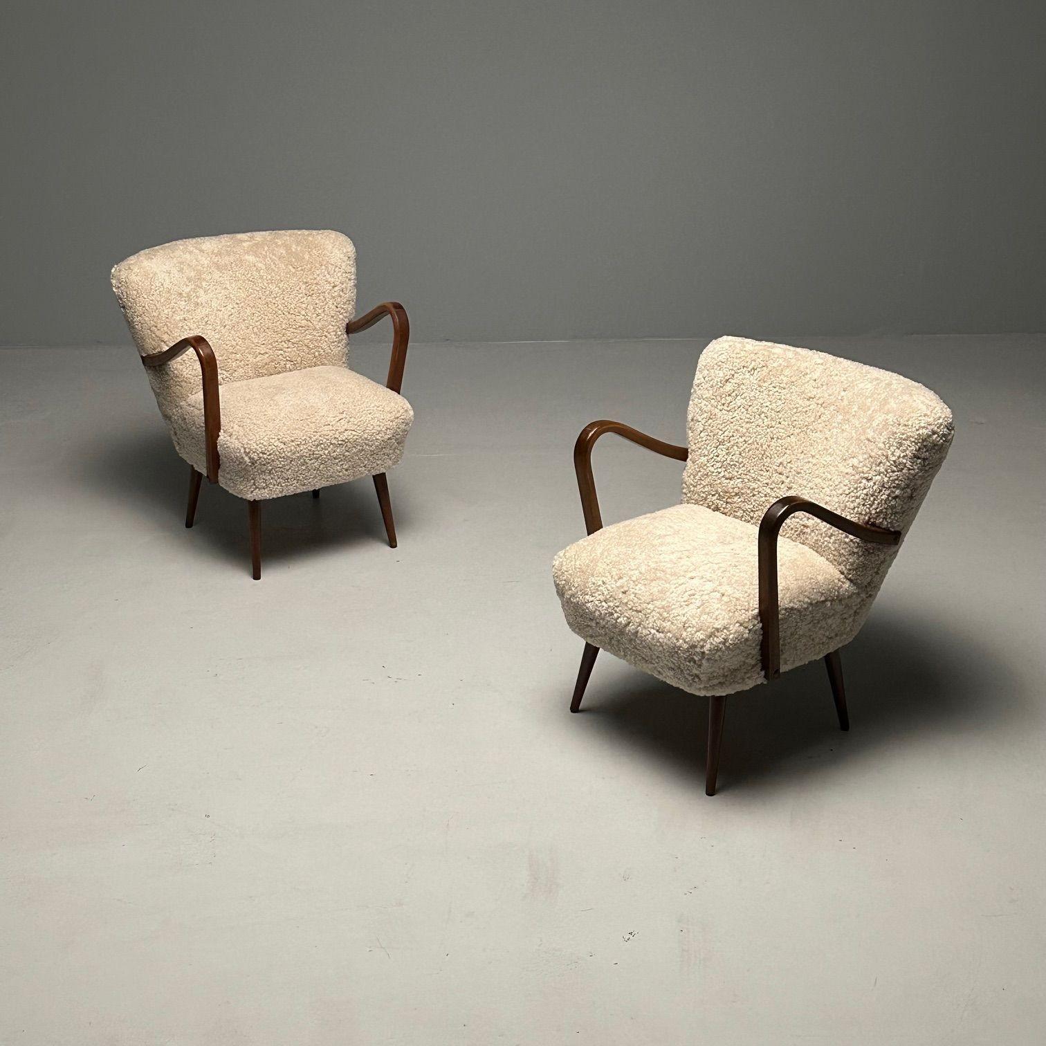 Swedish Designer, Mid-Century Modern, Beige Sheepskin Lounge Chairs, Beech, 1950 3