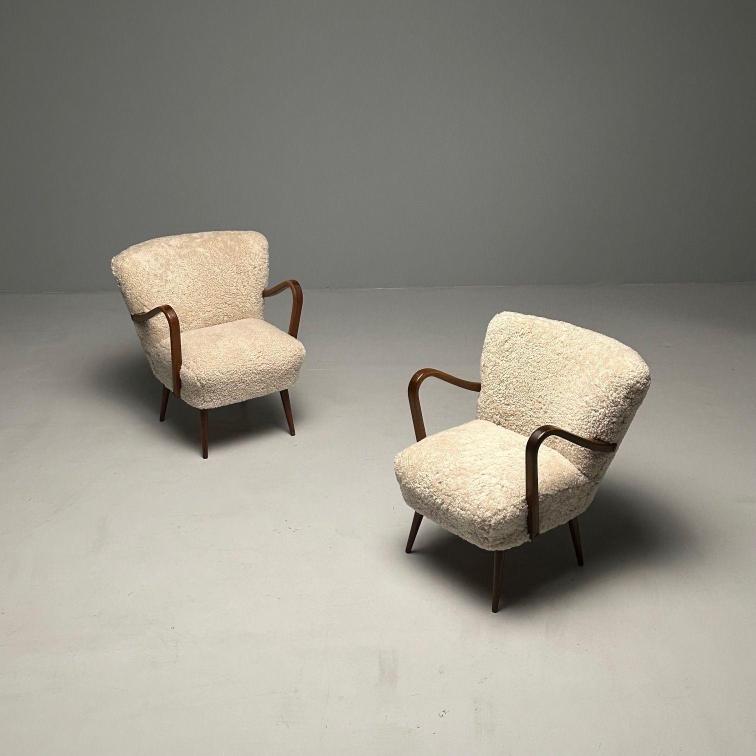 Swedish Designer, Mid-Century Modern, Beige Sheepskin Lounge Chairs, Beech, 1950 4