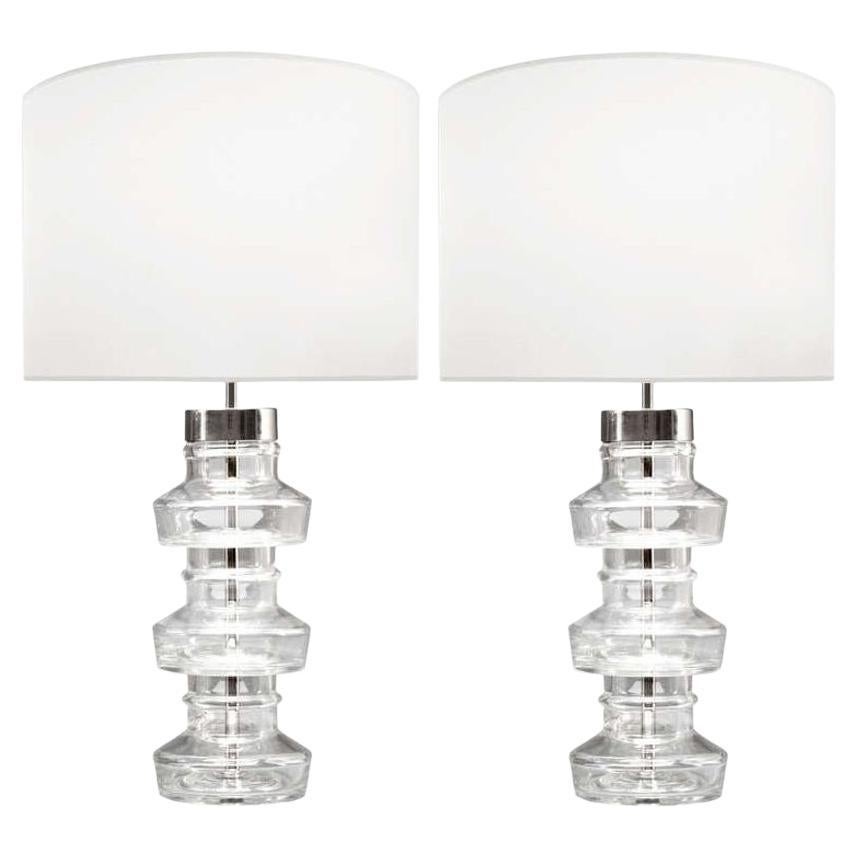 Pair Swedish Mid-Century Modern Translucent Clear Glass Table or Desk Lamps For Sale