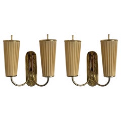 Pair Swedish Midcentury Brass Two-Light Wall Sconces, Pleated Shades, 1940s