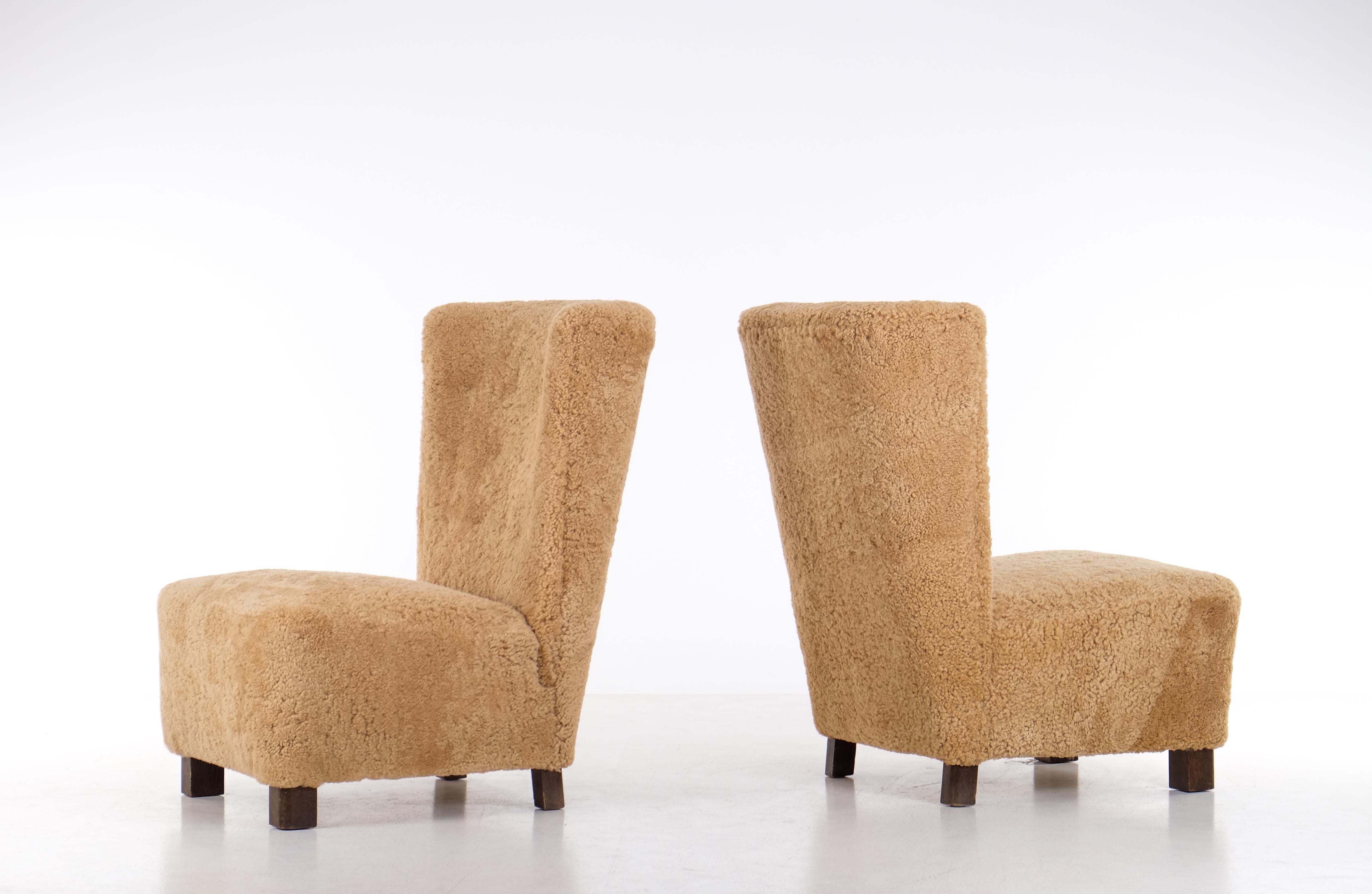 Sheepskin Pair Swedish Modern Easy Chairs, 1940s For Sale
