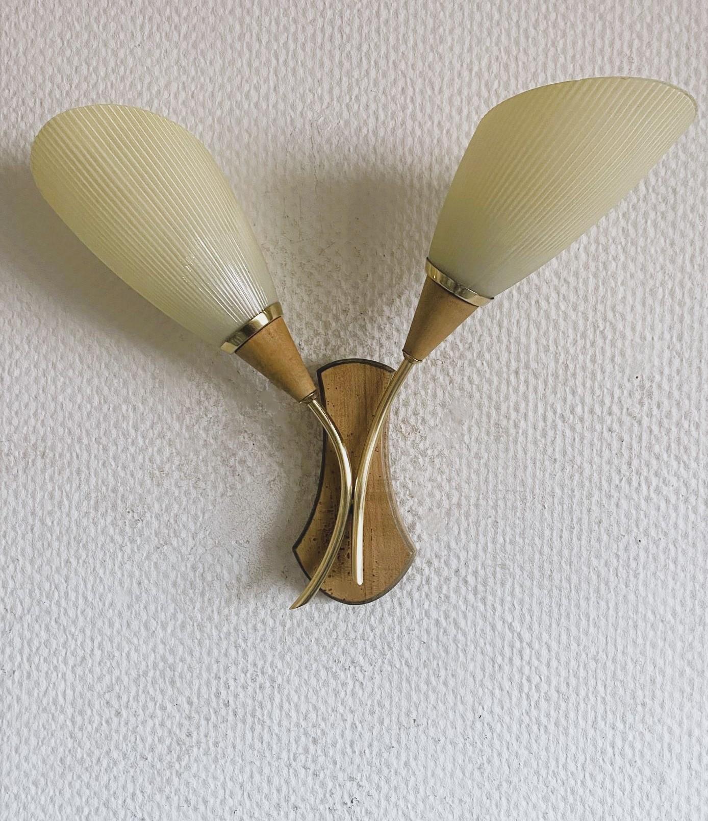 Pair Swedish Pine Brass Two-Light Wall Sconces with Glass Pleated Shades, 1940s For Sale 7