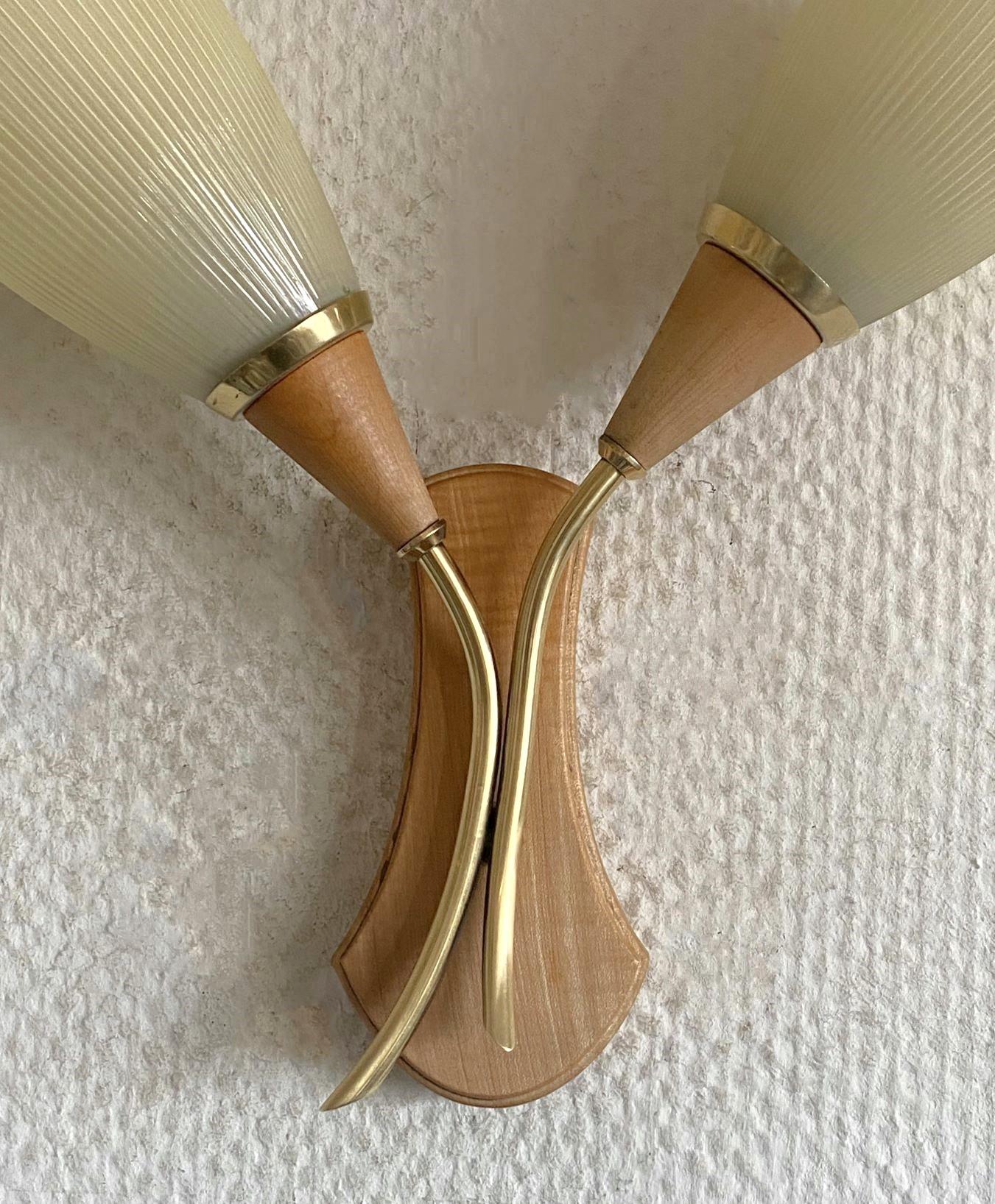 Pair Swedish Pine Brass Two-Light Wall Sconces with Glass Pleated Shades, 1940s For Sale 9