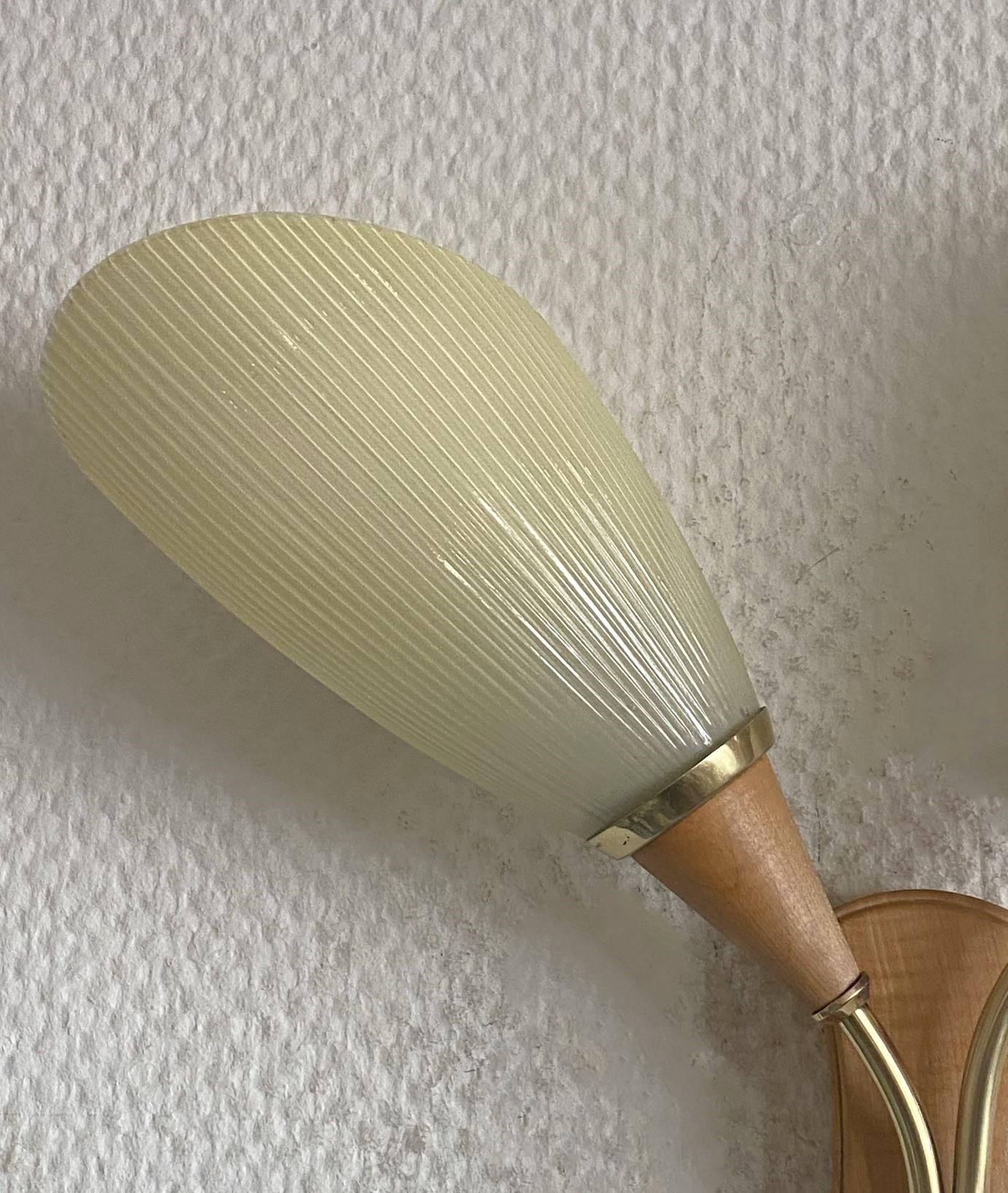Pair Swedish Pine Brass Two-Light Wall Sconces with Glass Pleated Shades, 1940s For Sale 5