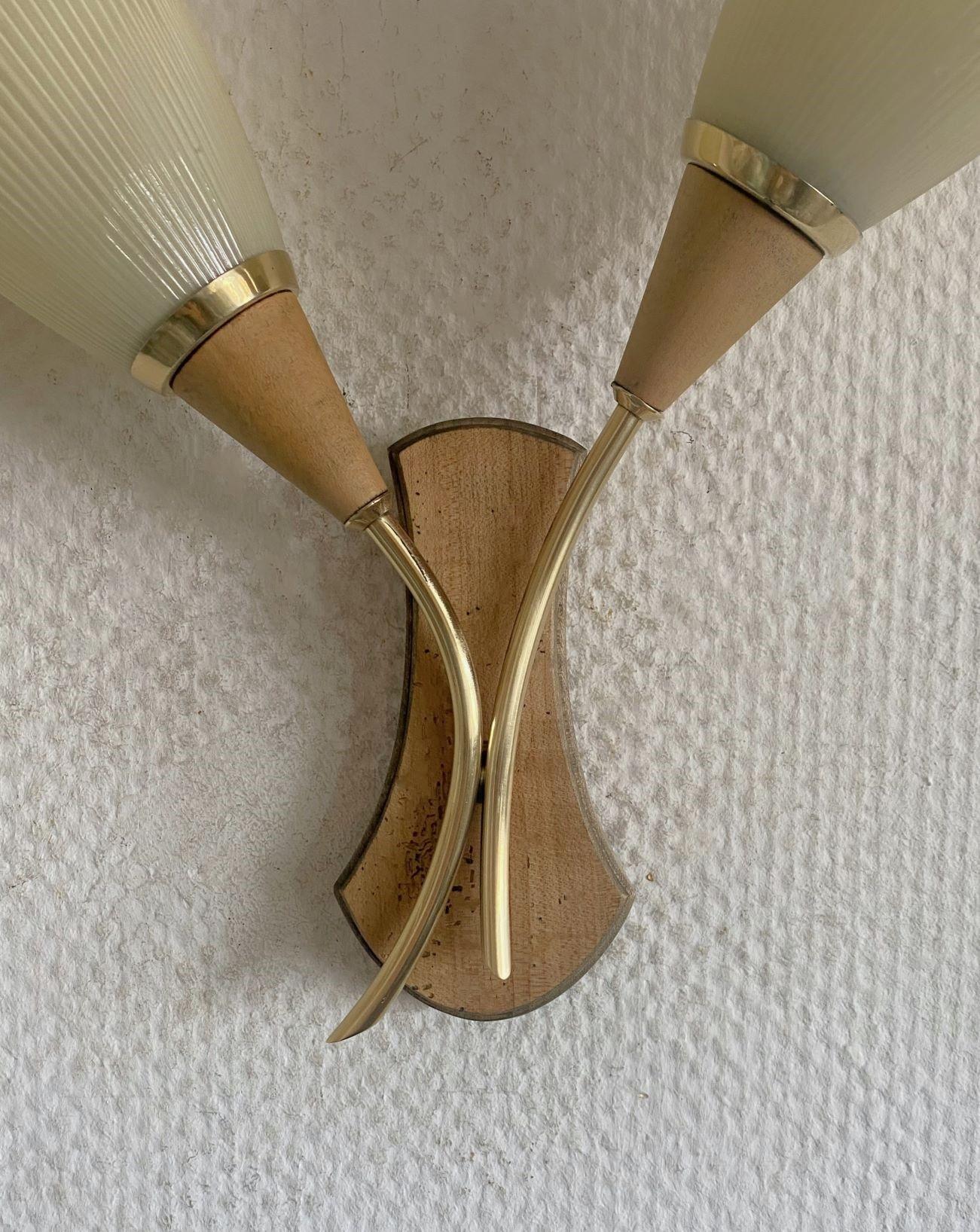 Pair Swedish Pine Brass Two-Light Wall Sconces with Glass Pleated Shades, 1940s For Sale 8