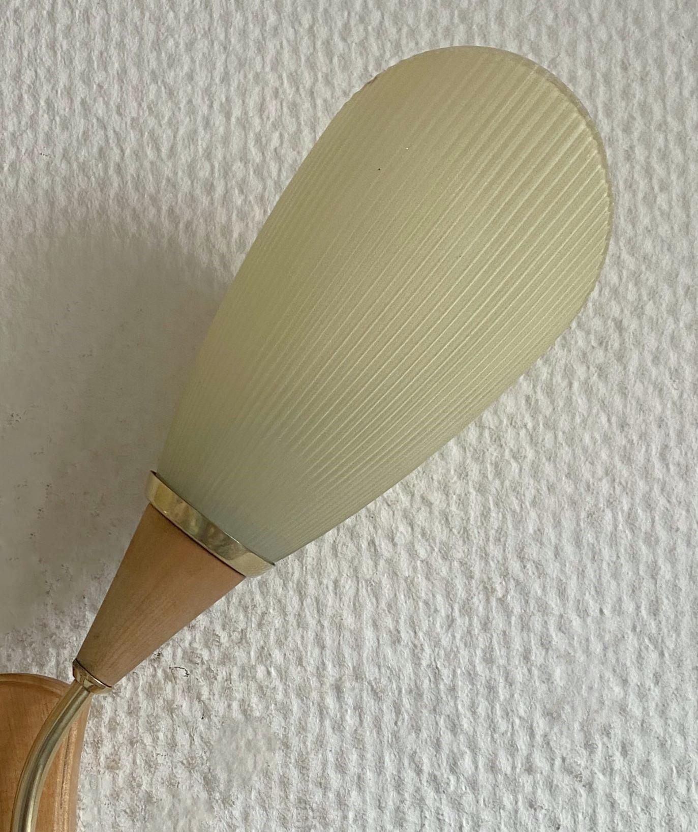 Pair Swedish Pine Brass Two-Light Wall Sconces with Glass Pleated Shades, 1940s For Sale 6