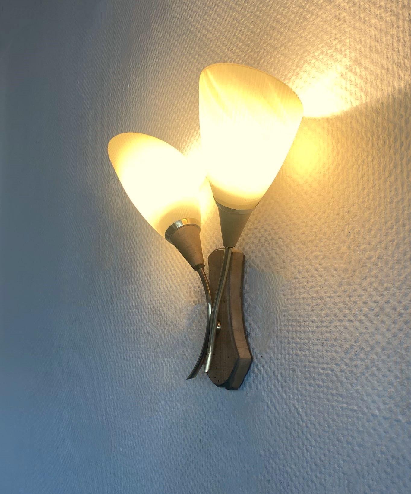 Pair Swedish Pine Brass Two-Light Wall Sconces with Glass Pleated Shades, 1940s For Sale 11