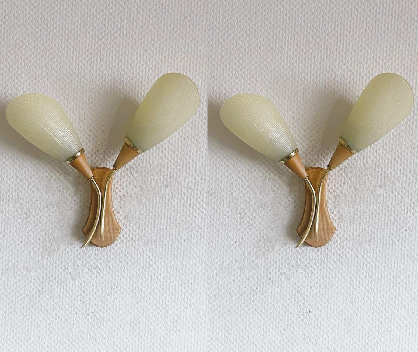Scandinavian Modern Pair Swedish Pine Brass Two-Light Wall Sconces with Glass Pleated Shades, 1940s For Sale