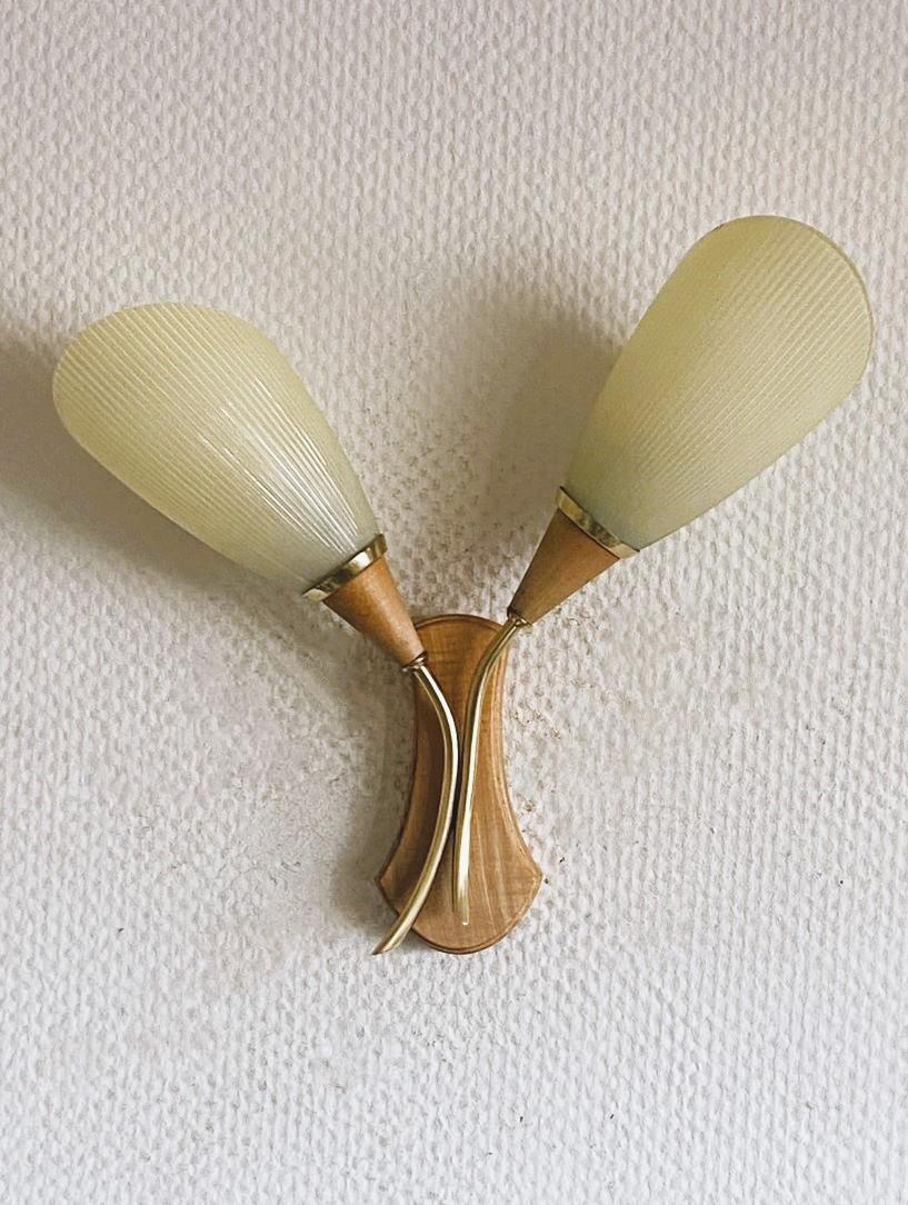 Hand-Carved Pair Swedish Pine Brass Two-Light Wall Sconces with Glass Pleated Shades, 1940s For Sale