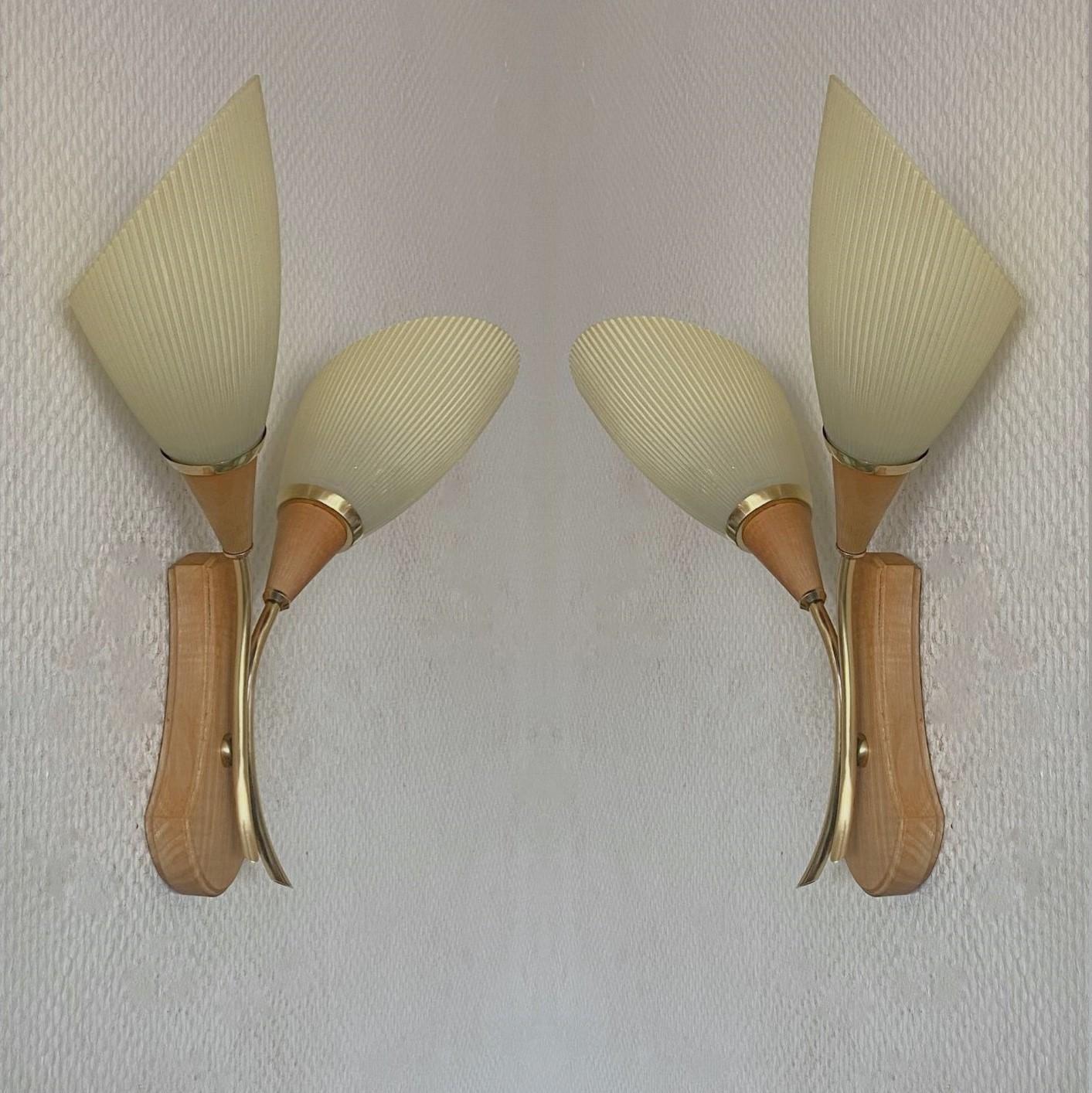 Mid-20th Century Pair Swedish Pine Brass Two-Light Wall Sconces with Glass Pleated Shades, 1940s For Sale