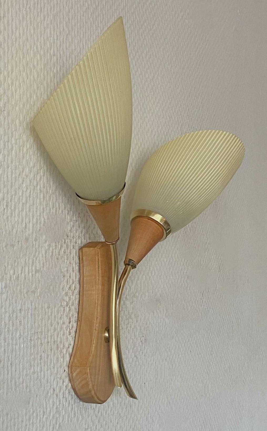 Pair Swedish Pine Brass Two-Light Wall Sconces with Glass Pleated Shades, 1940s For Sale 1