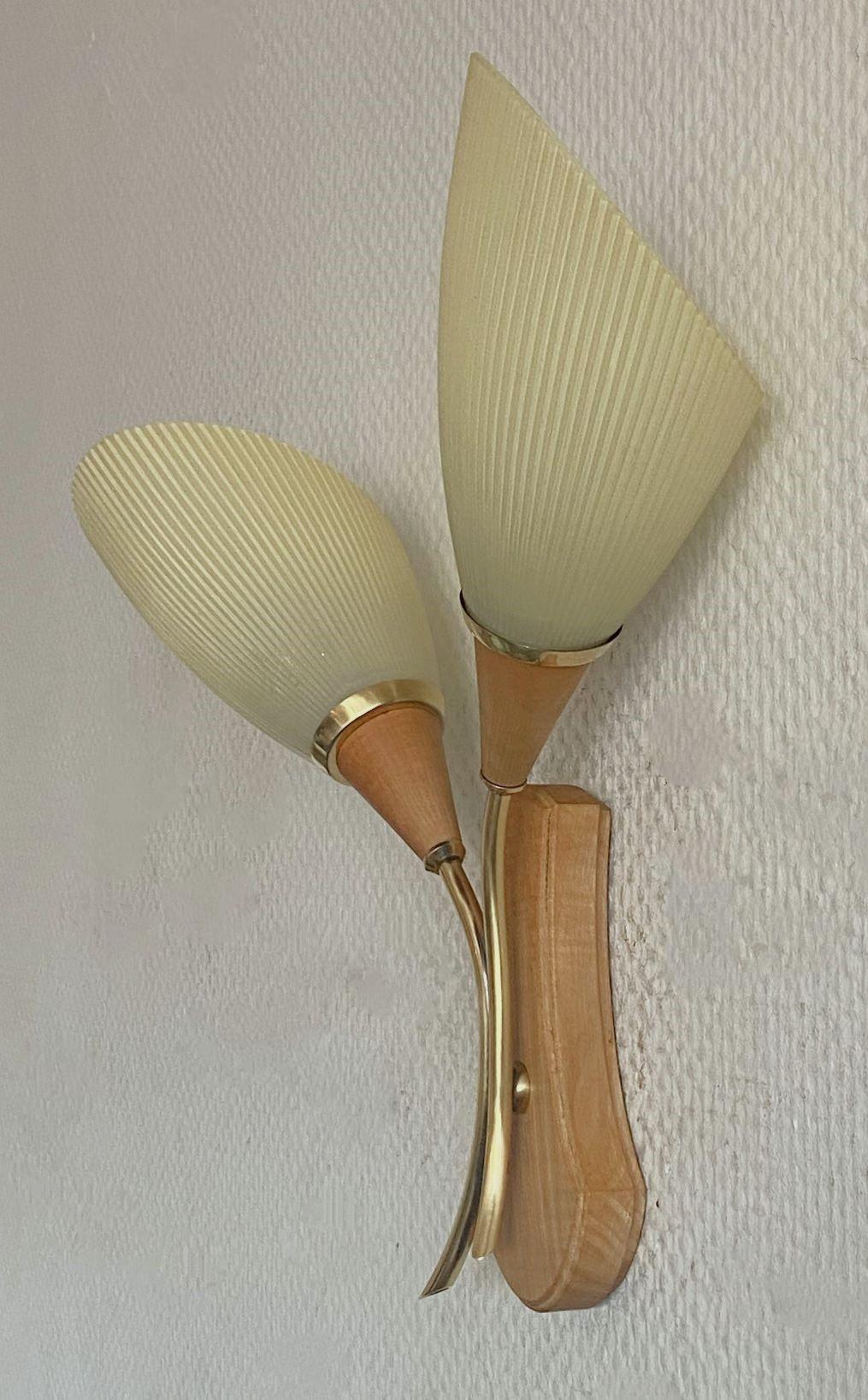 Pair Swedish Pine Brass Two-Light Wall Sconces with Glass Pleated Shades, 1940s For Sale 3