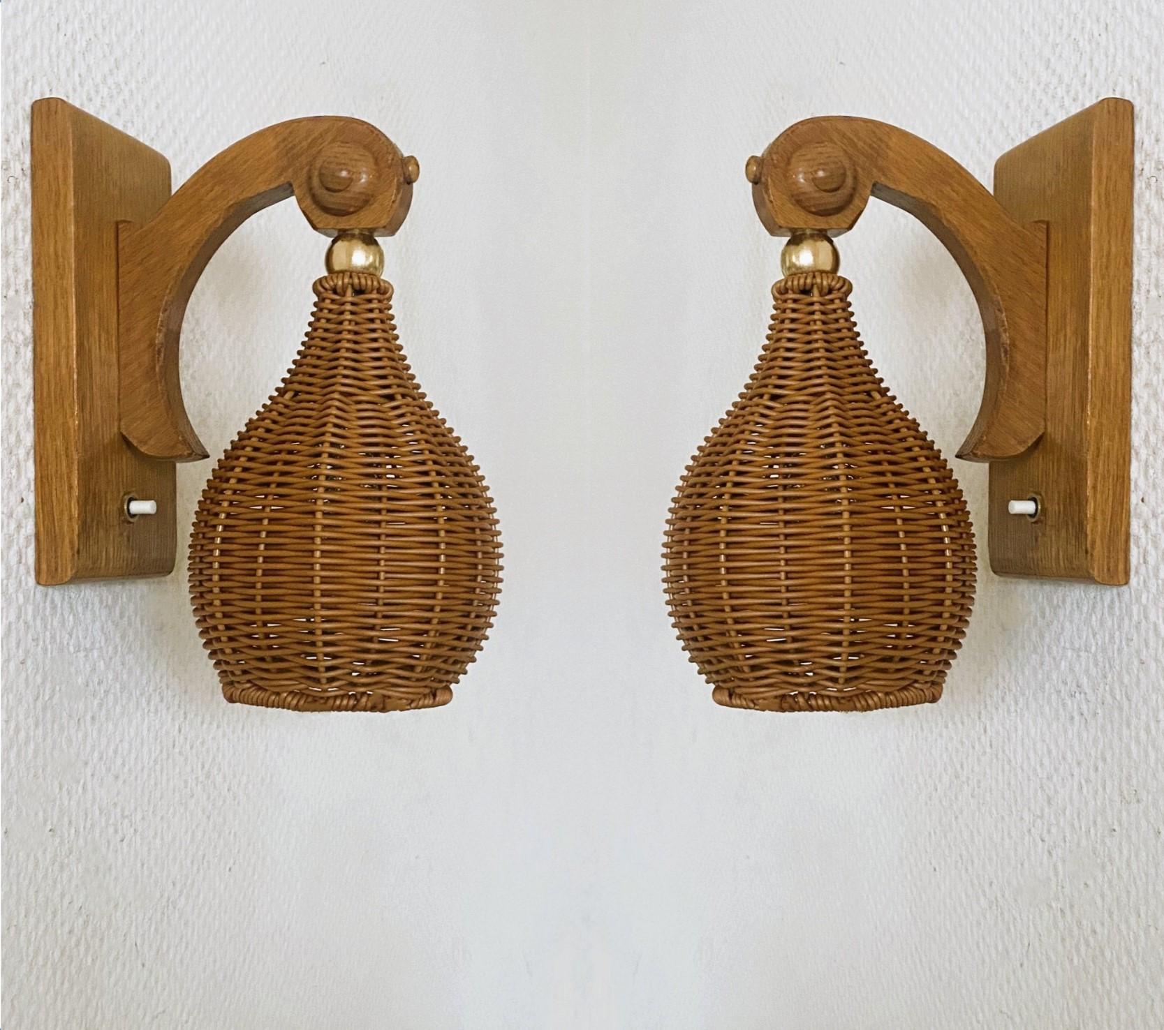 Scandinavian Modern Pair Swedish Pine Wood Wall Sconces with Wicker Shades, Sweden, 1960s For Sale