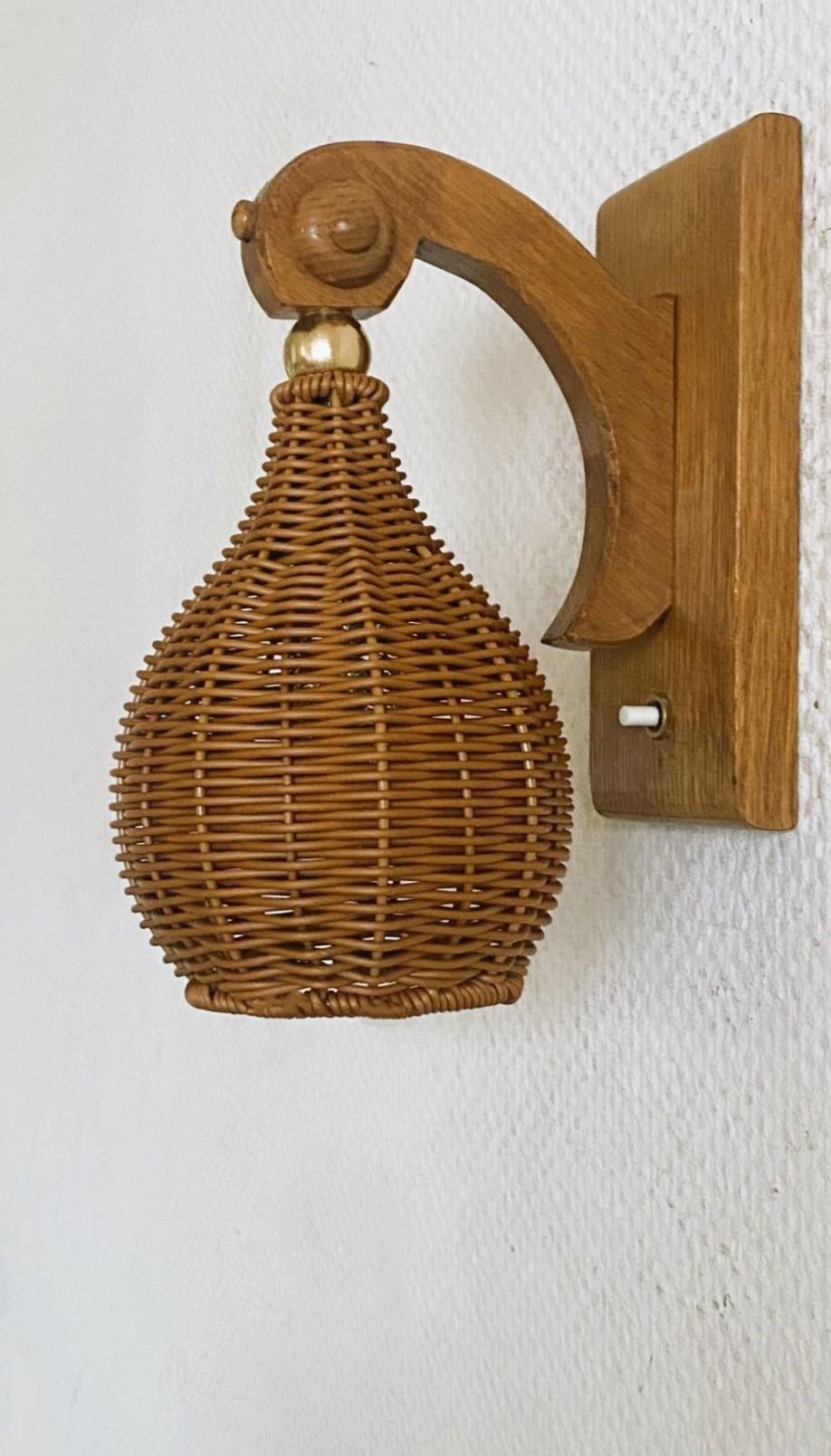 20th Century Pair Swedish Pine Wood Wall Sconces with Wicker Shades, Sweden, 1960s For Sale