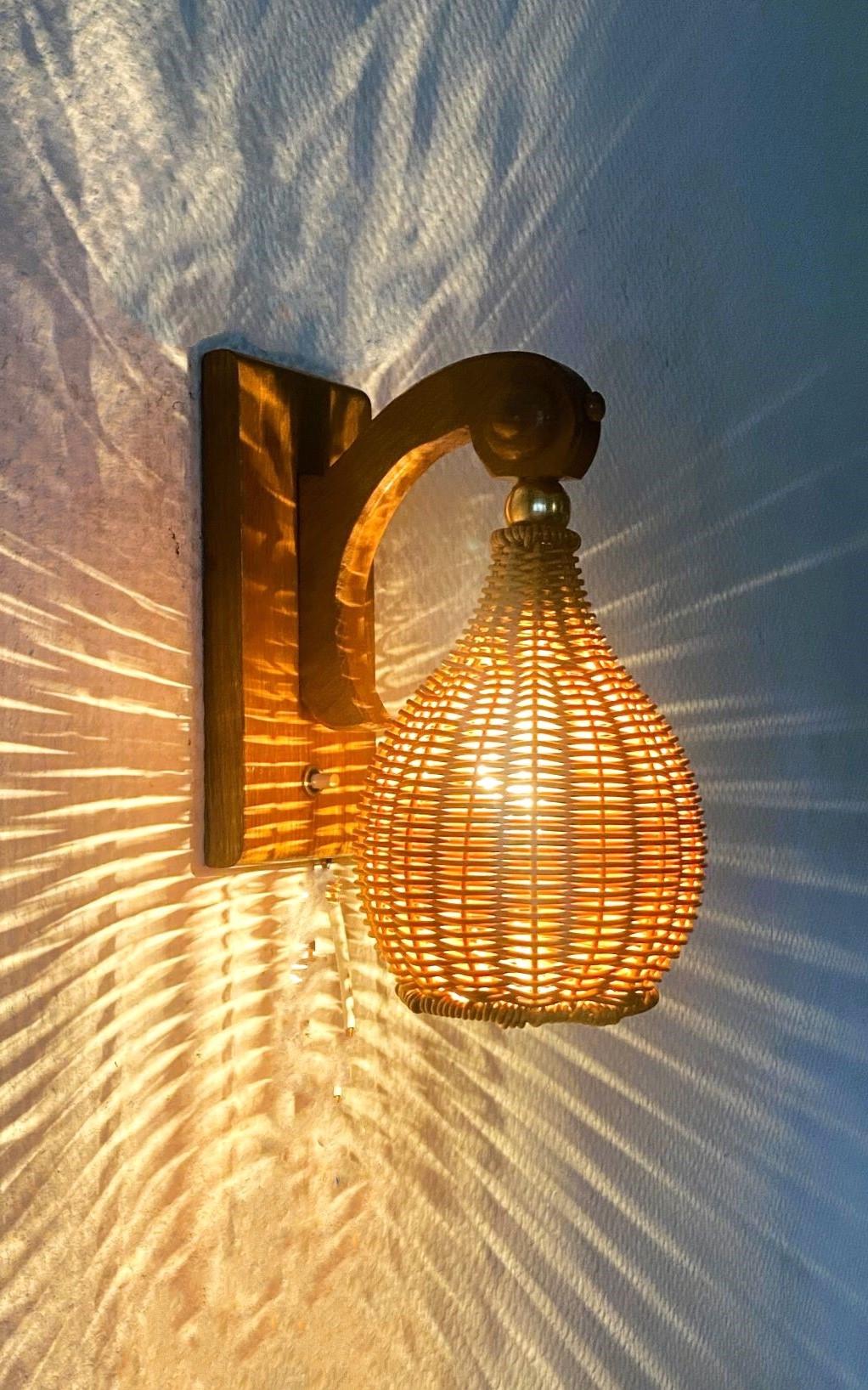 Pair Swedish Pine Wood Wall Sconces with Wicker Shades, Sweden, 1960s For Sale 2