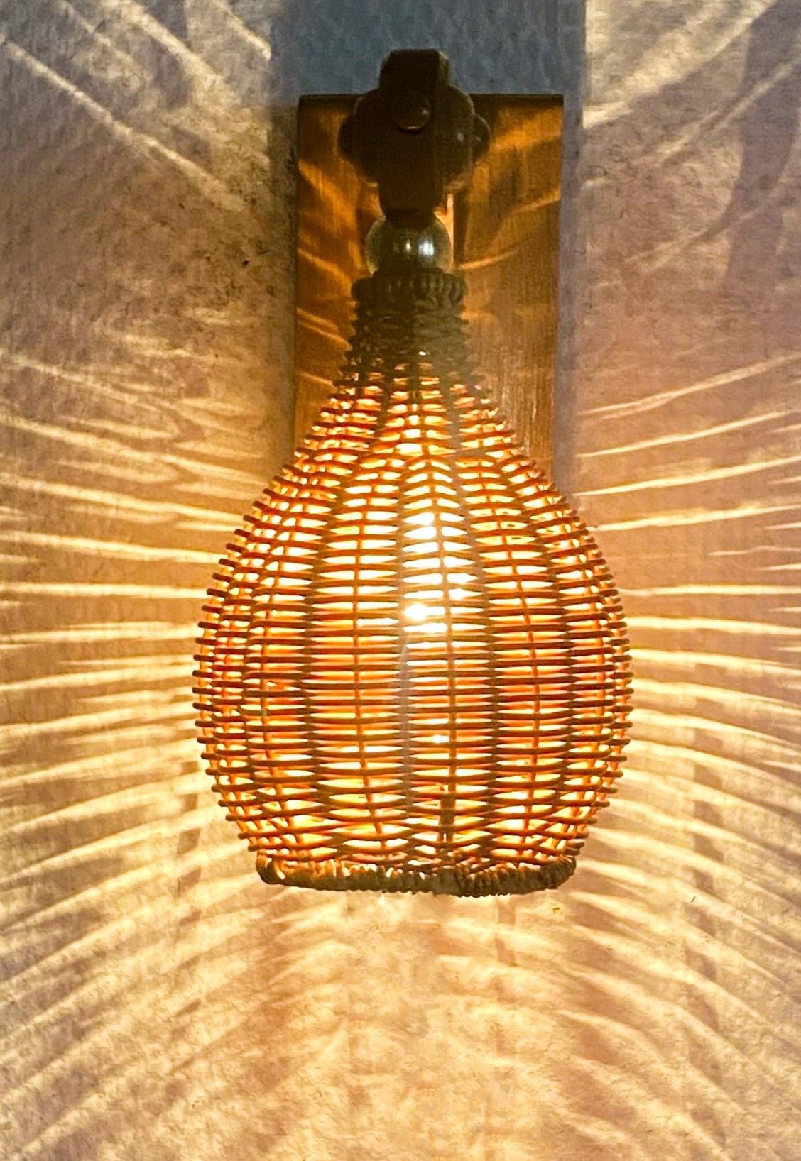 Pair Swedish Pine Wood Wall Sconces with Wicker Shades, Sweden, 1960s For Sale 4