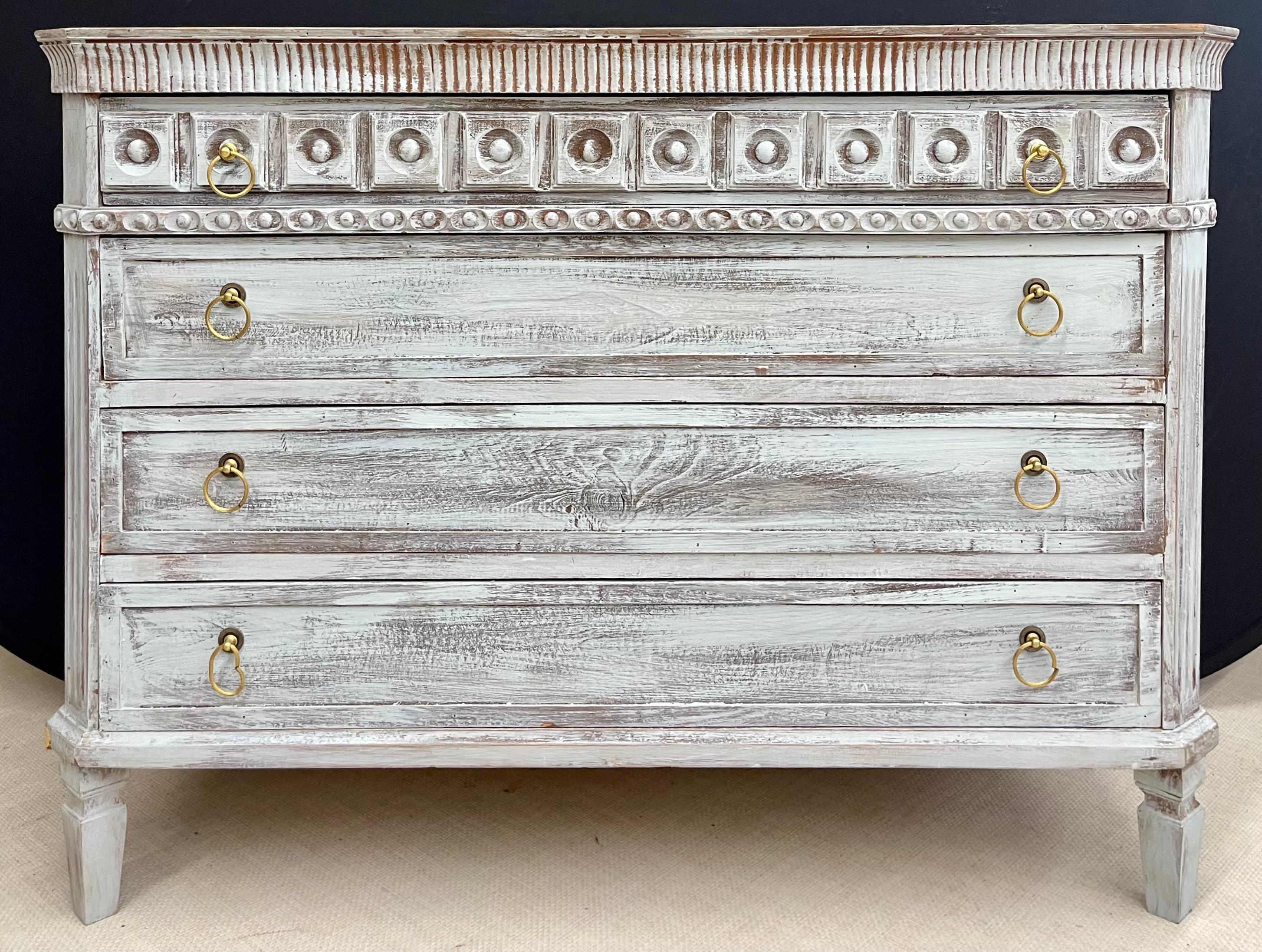 French Provincial Pair Swedish Style Distress Painted Three-Drawer Commodes Chests or Nightstands