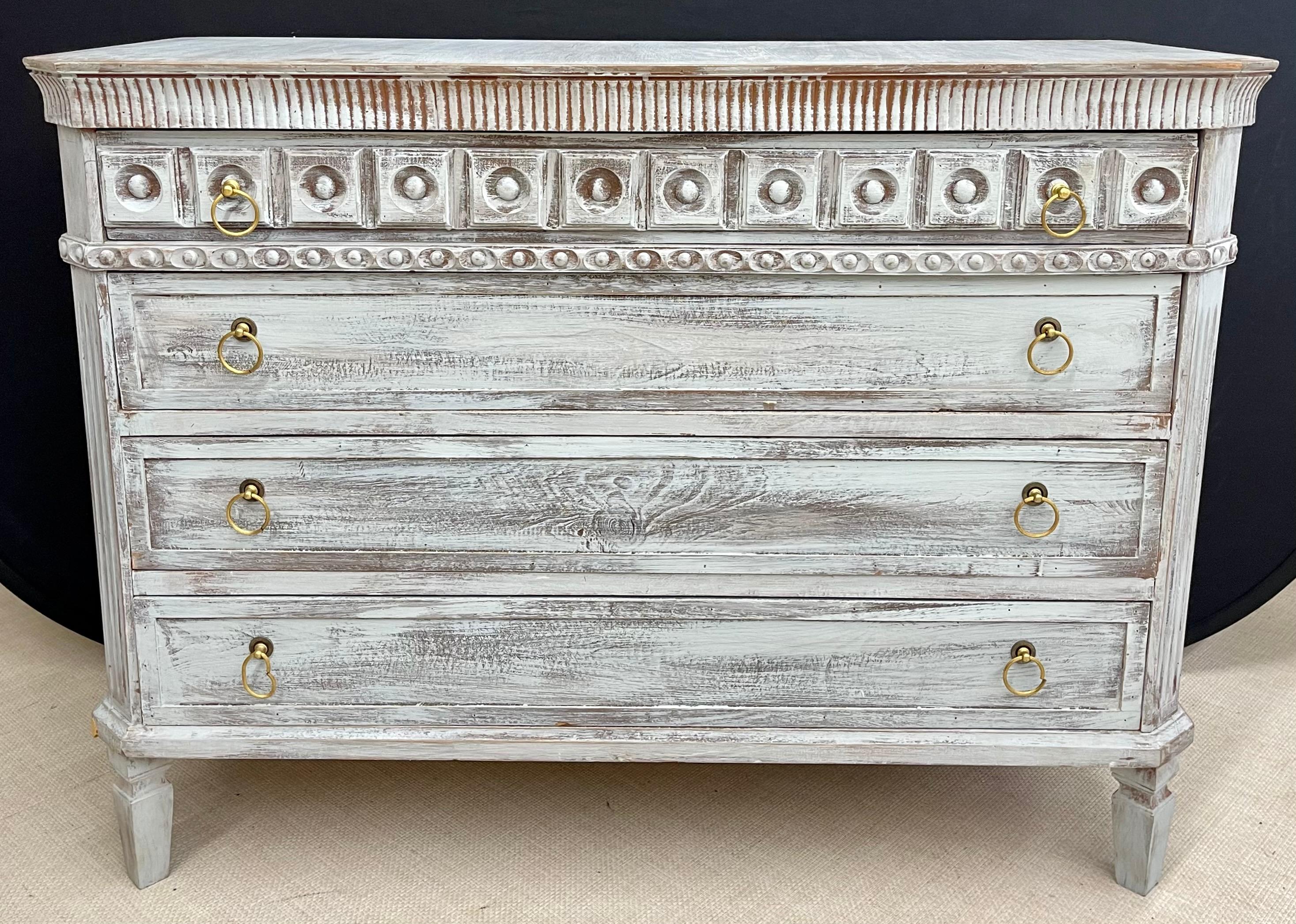 Pair Swedish Style Distress Painted Three-Drawer Commodes Chests or Nightstands In Good Condition In Stamford, CT