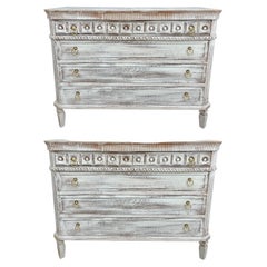 Pair Swedish Style Distress Painted Three-Drawer Commodes Chests or Nightstands