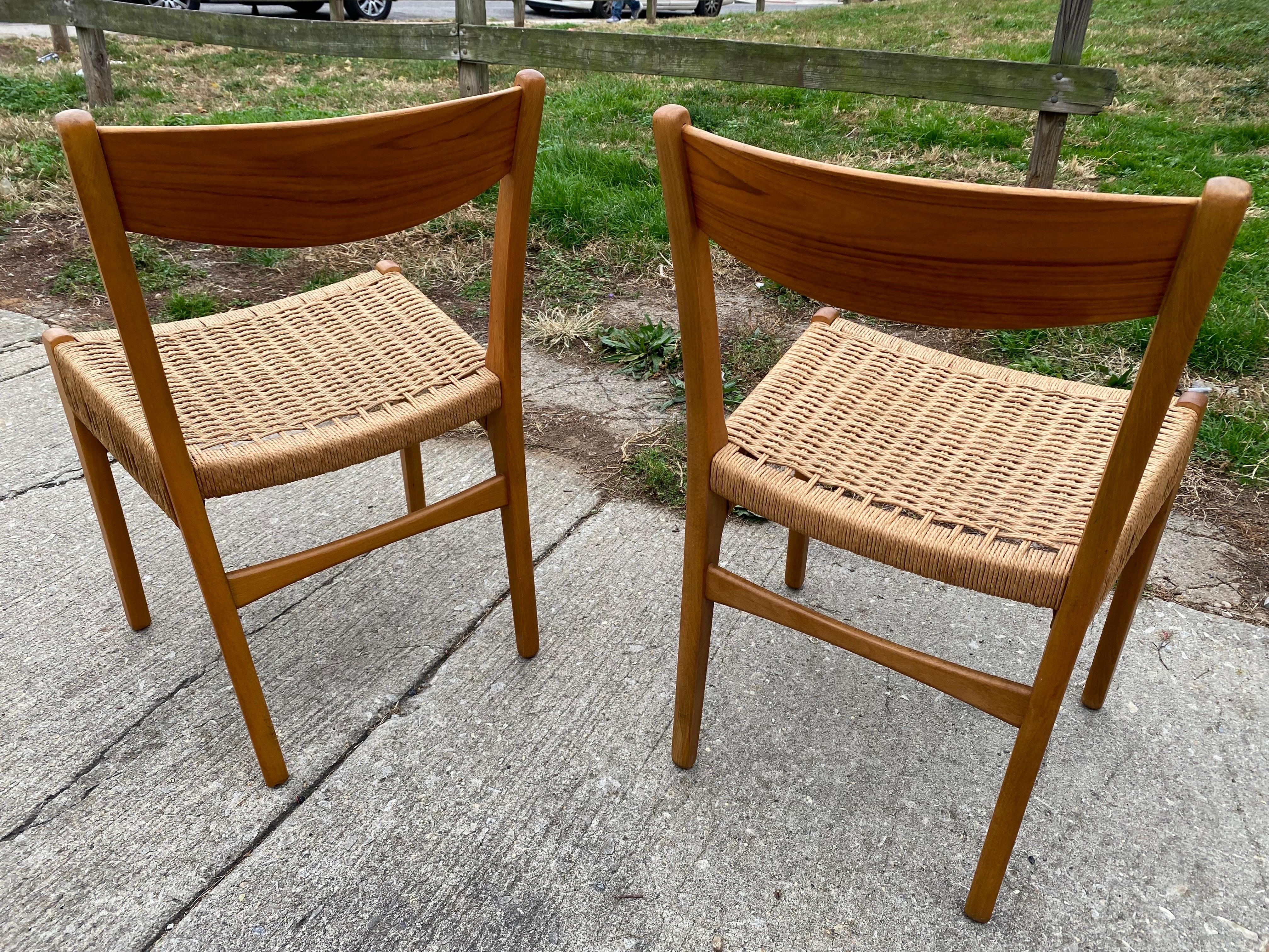 Pair Swedish Teak Dining Chairs with papercord seats For Sale 3