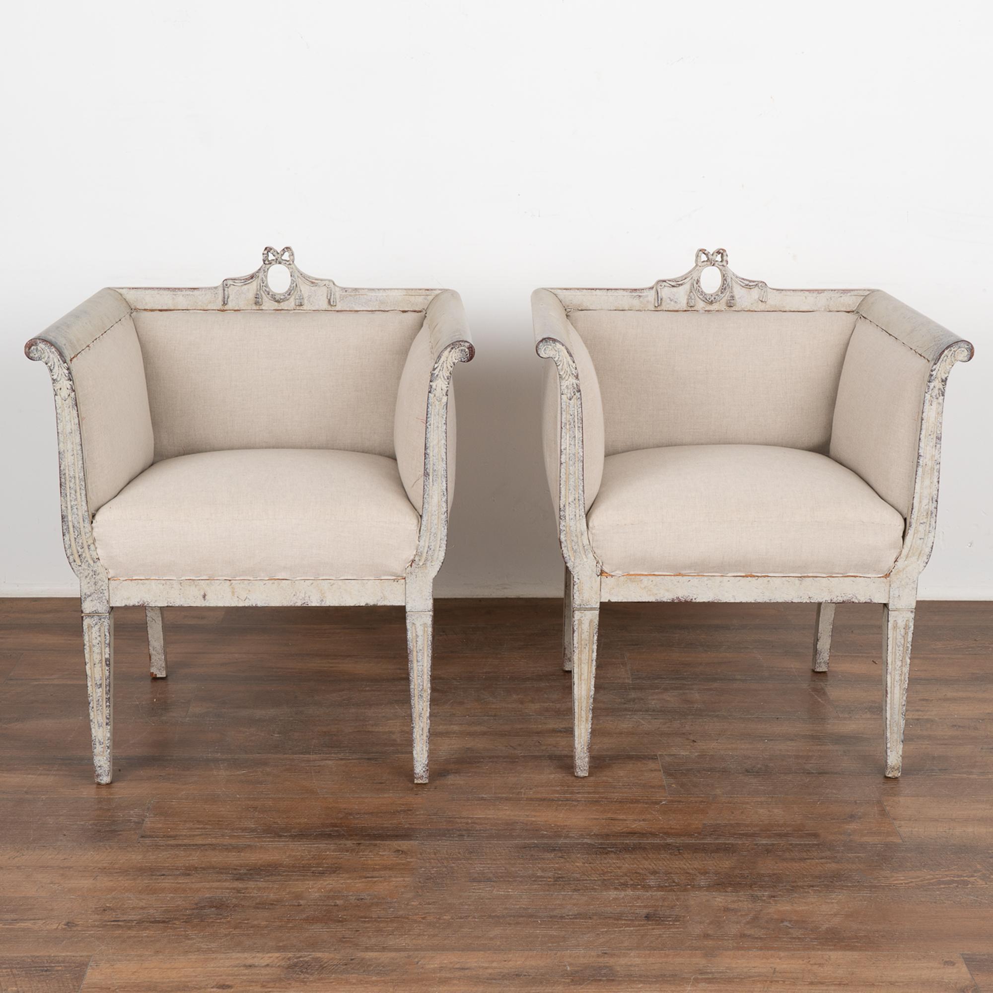 Pair, Swedish White Painted Gustavian Arm Chairs, circa 1880-1900 In Good Condition In Round Top, TX