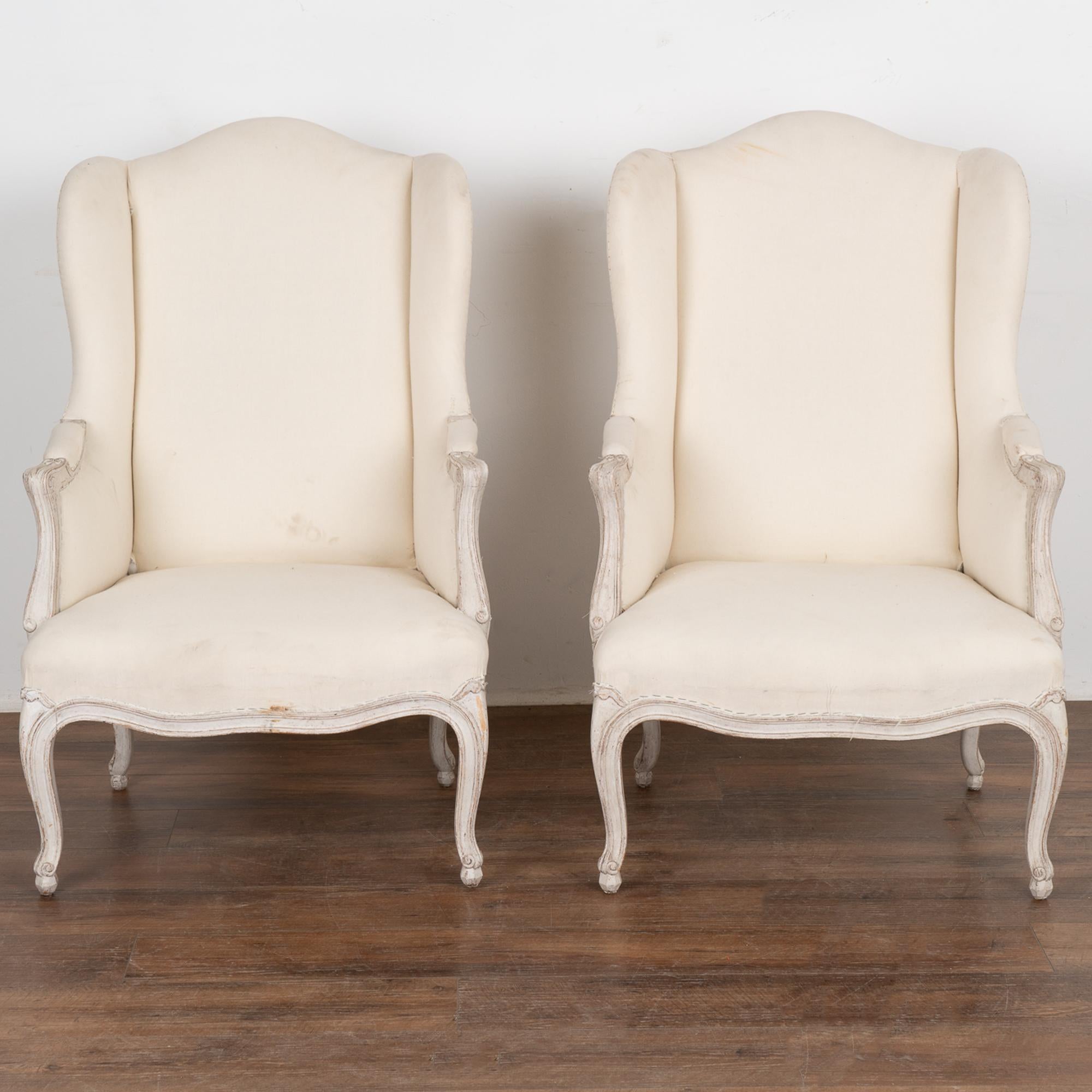 Gustavian Pair, Swedish White Painted Wingback Arm Chairs, circa 1910 For Sale