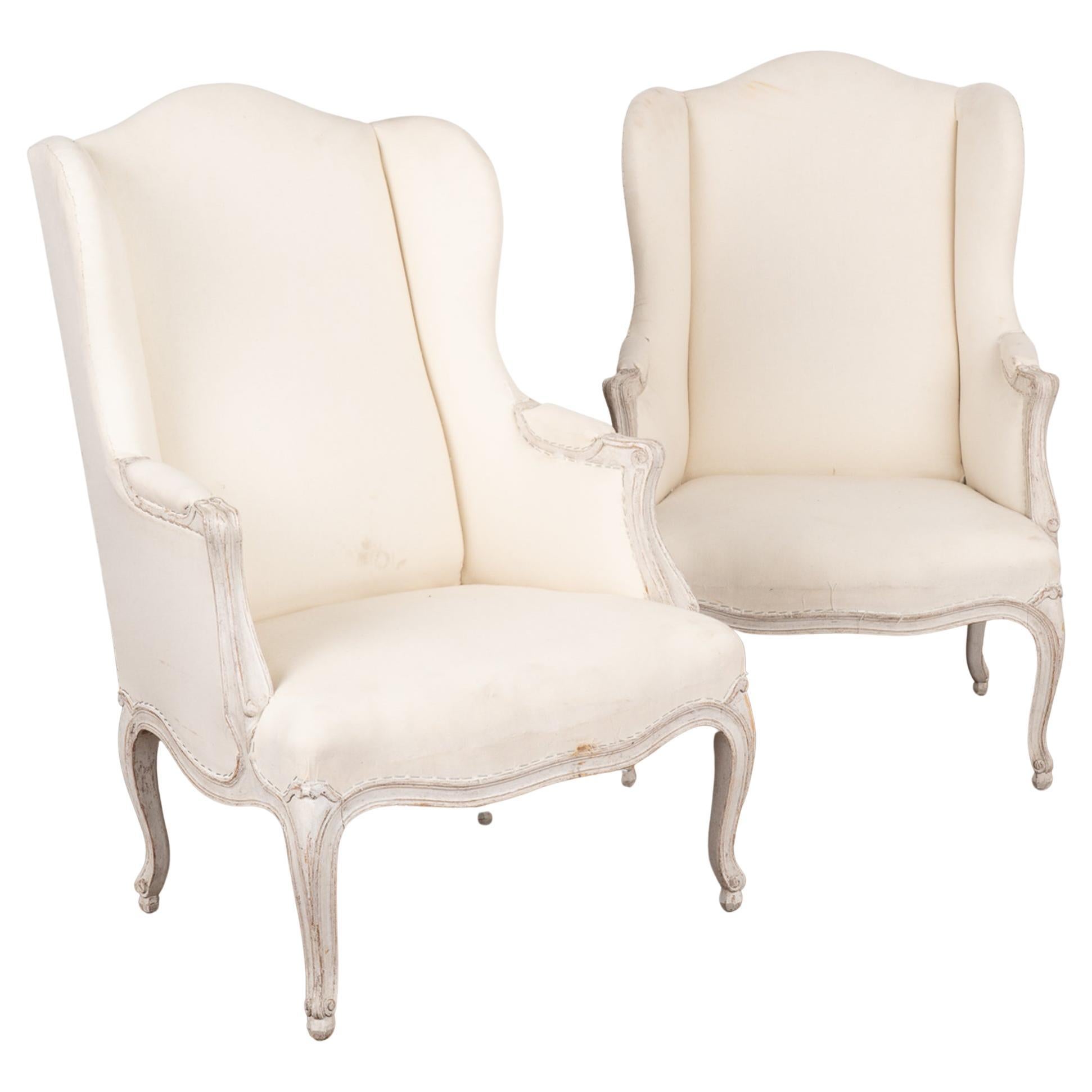 Pair, Swedish White Painted Wingback Arm Chairs, circa 1910