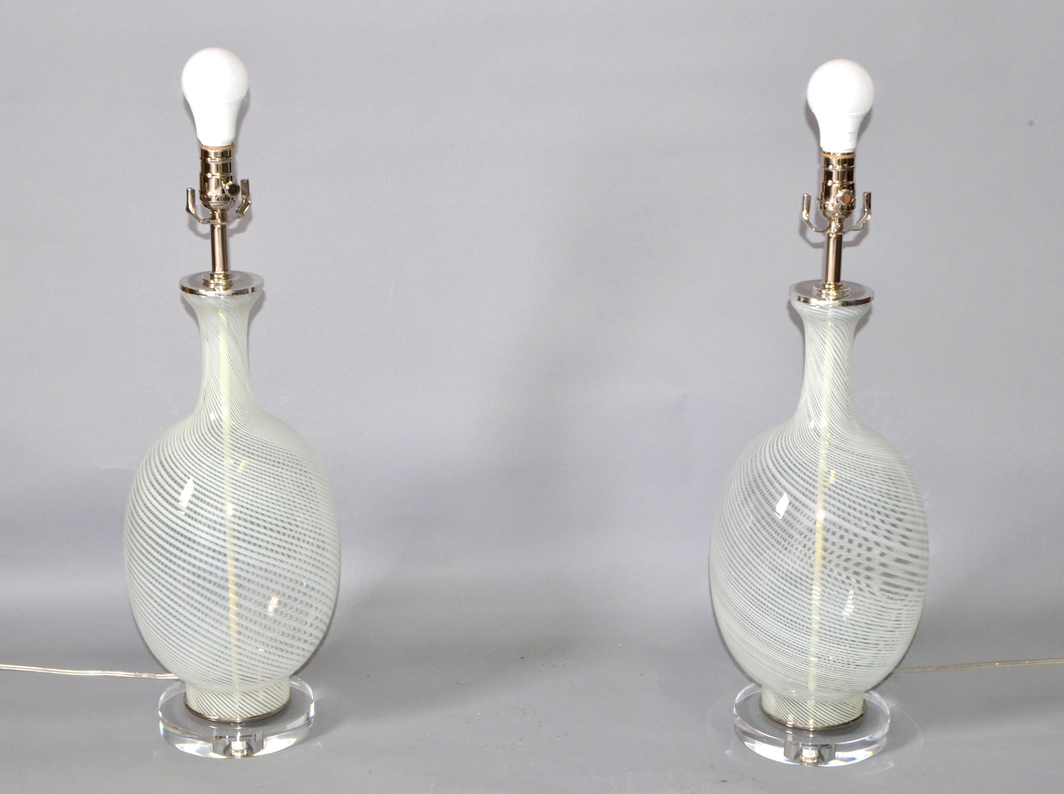 American Pair, Swirl Mid-Century Modern Transparent Blown Art Glass Table Lamps by Blenko For Sale