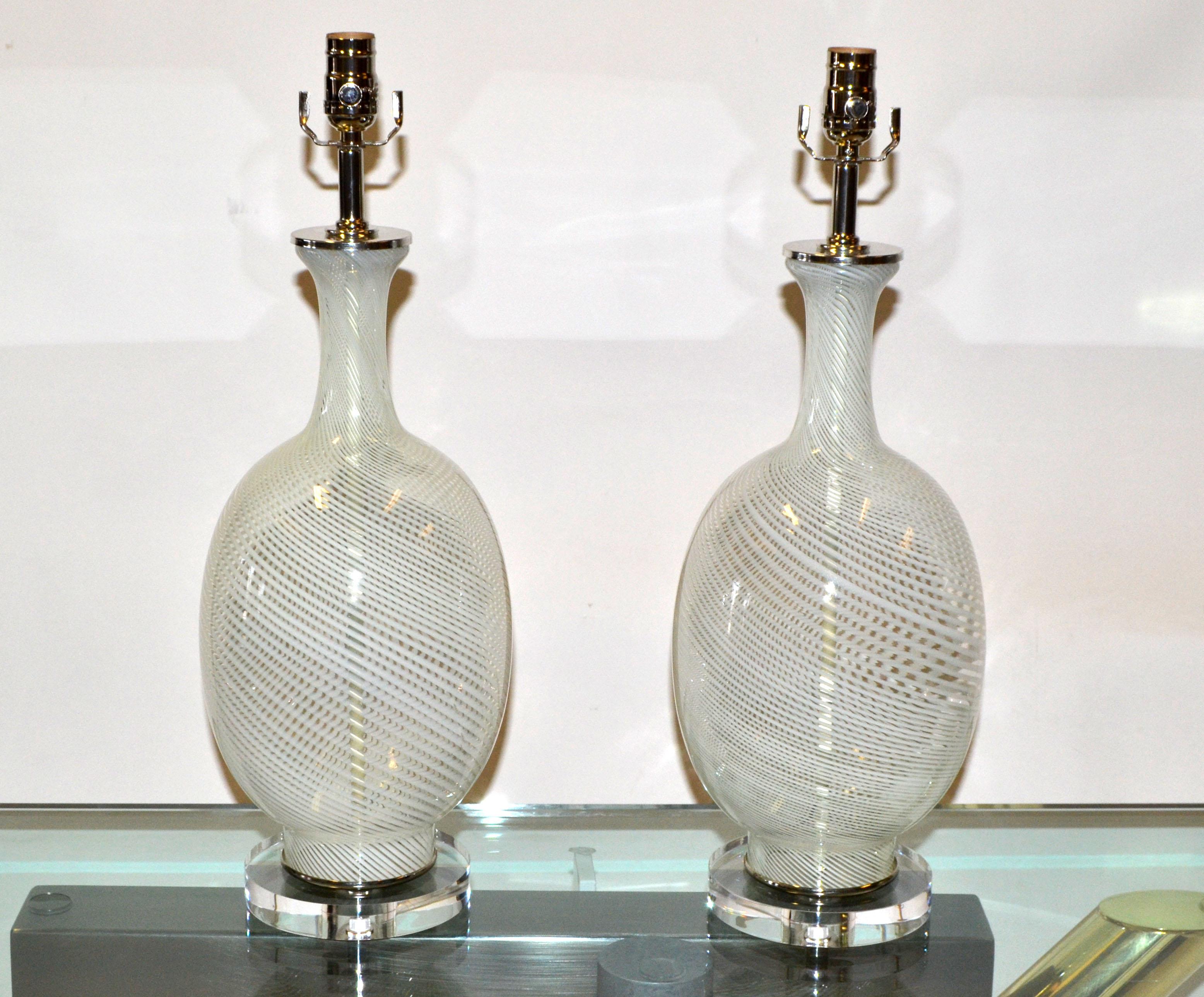 Pair, Swirl Mid-Century Modern Transparent Blown Art Glass Table Lamps by Blenko