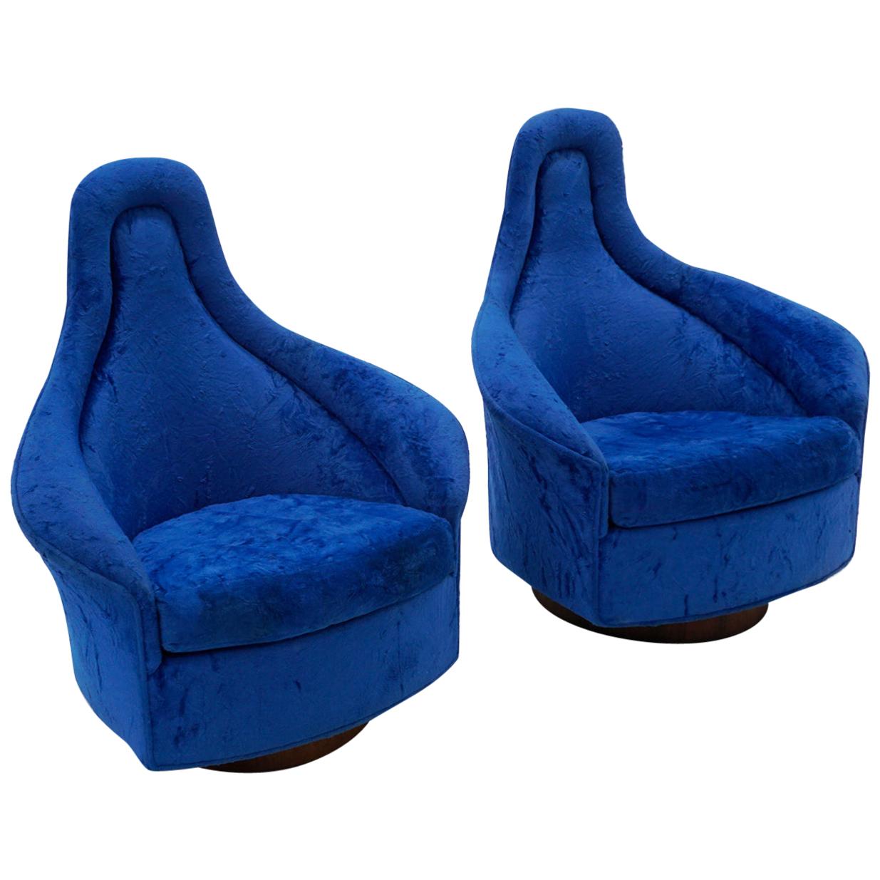 Pair of Swivel Lounge Chairs in the Original Blue Velvet, Adrian Pearsall Signed