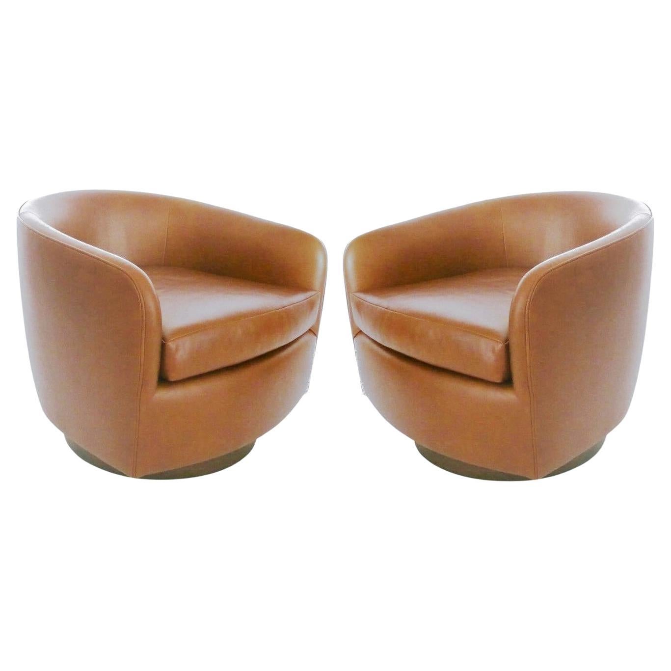 Pair Sycamore-colored Tilt Swivel Club Lounge Chairs by Milo Baughman