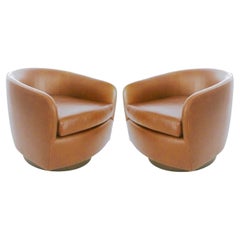 Pair Sycamore-colored Tilt Swivel Club Lounge Chairs by Milo Baughman
