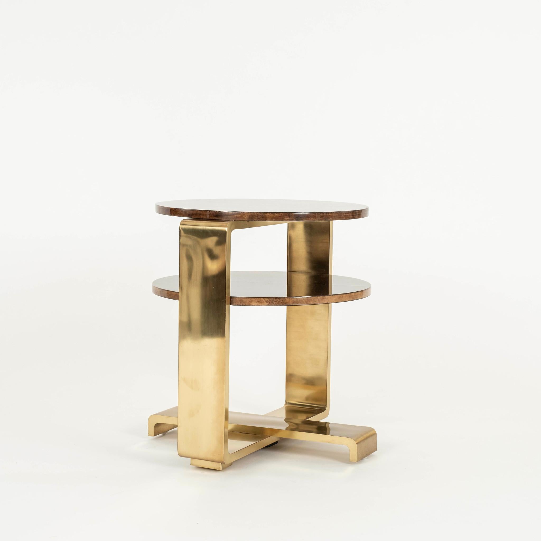 Organic Modern Pair Sylvan S.F. Lacquered Goatskin Brass Occasional Tables For Sale