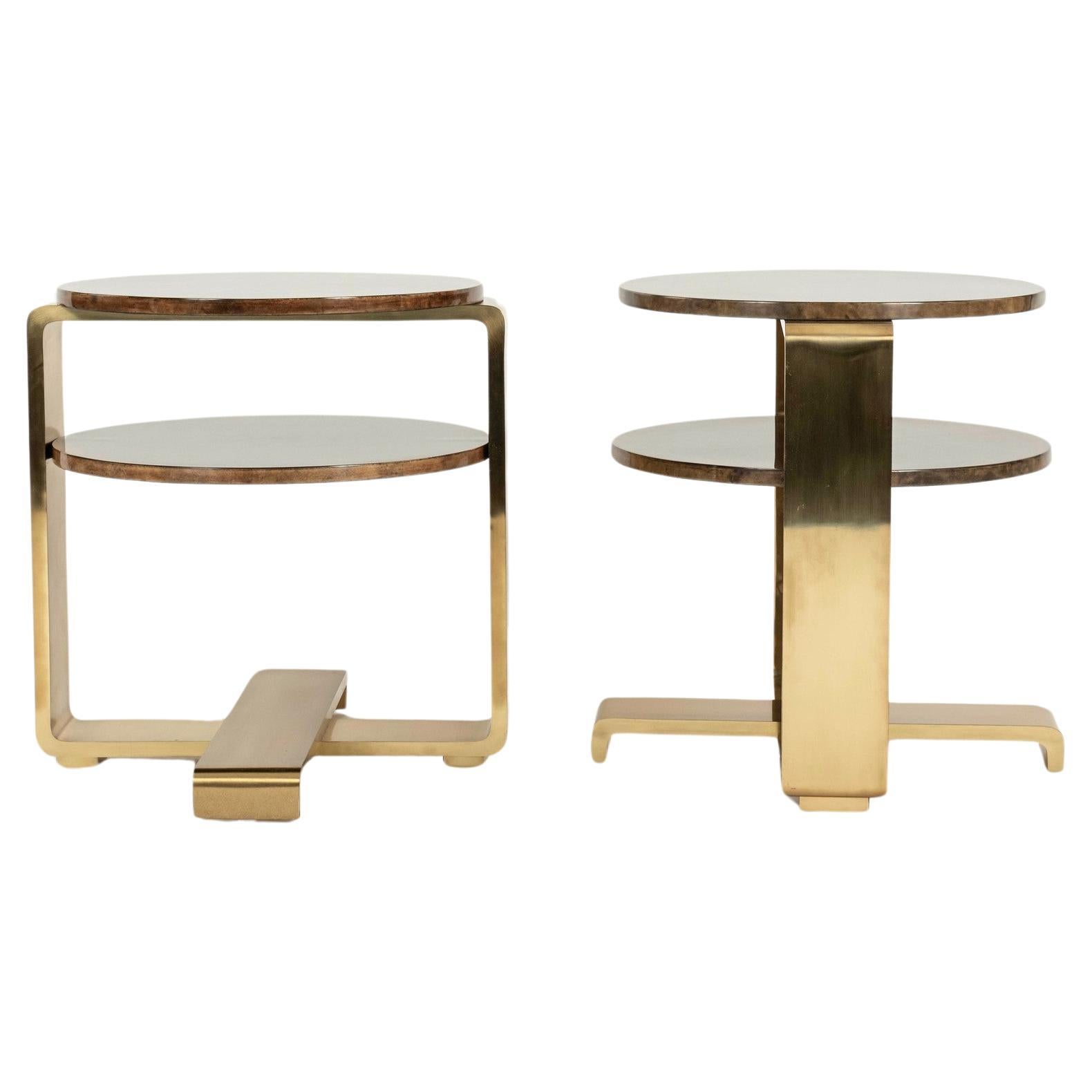 Pair Sylvan S.F. Lacquered Goatskin Brass Occasional Tables For Sale