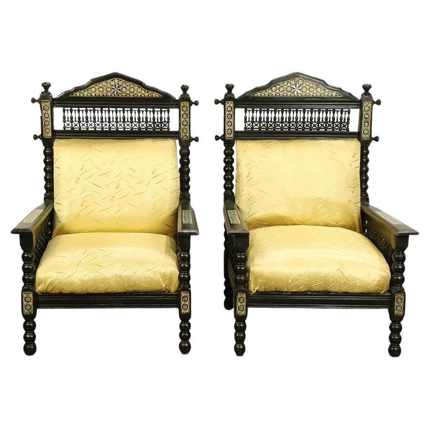 Pair Syrian Ebonized Wood & Mother of Pearl Inlaid Arm Chairs Late 19th Century