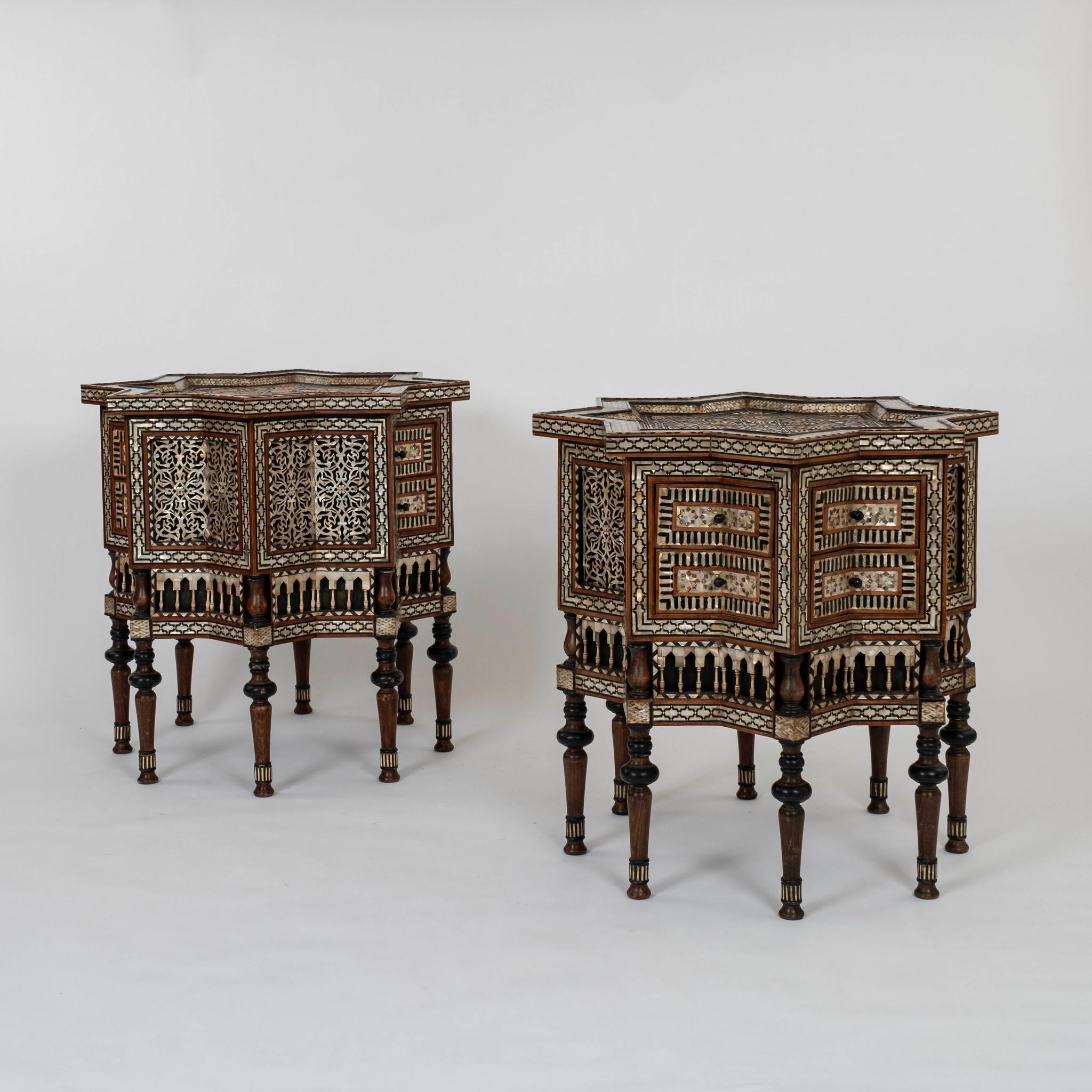 Damascus, 1920s or Earlier

Monumental sixteen sided star shaped chests with sixteen drawers, hand carved/turned, mother of pearl and abalone inlay.

