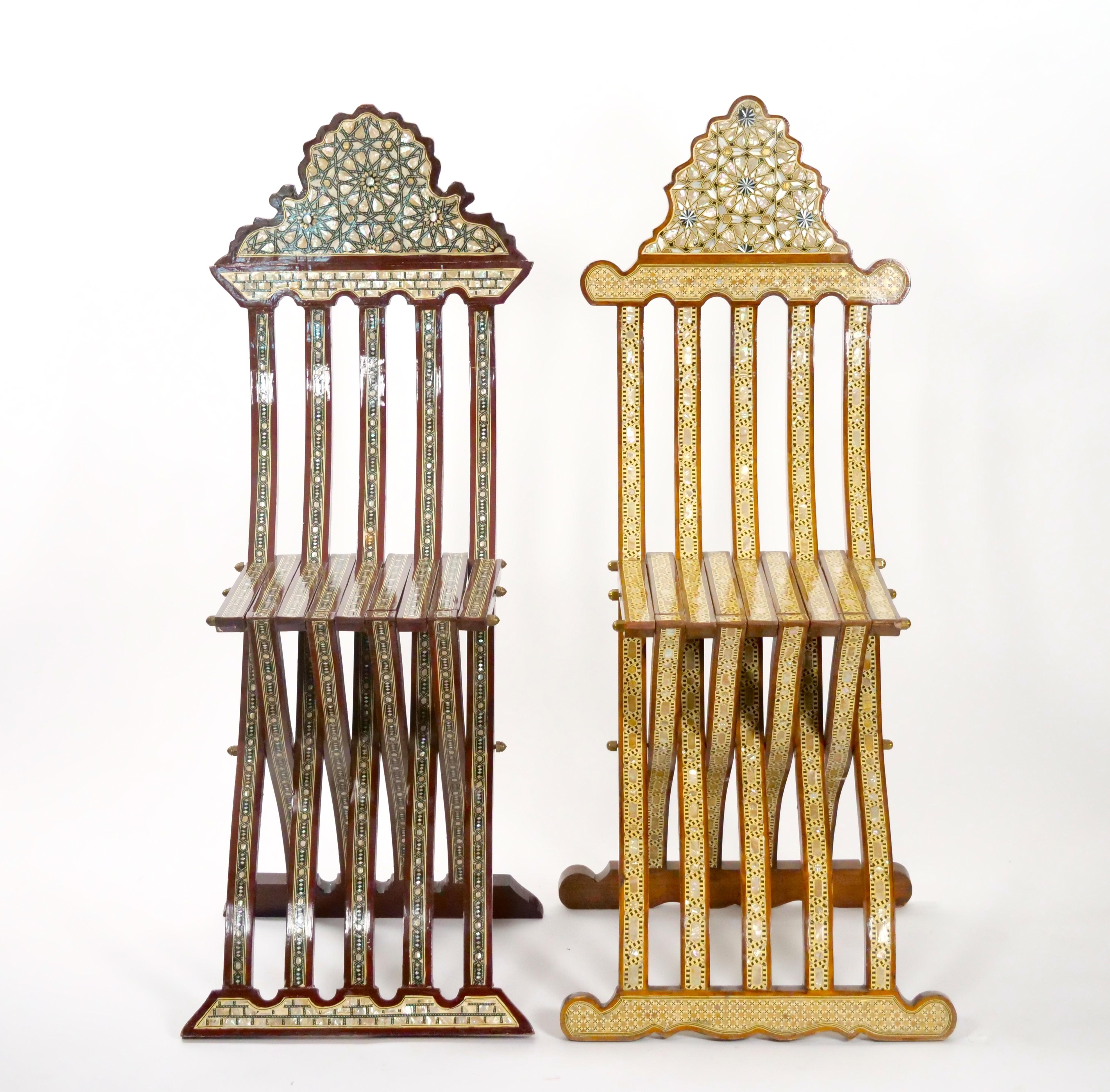 Pair Syrian Moorish Style Inlaid Folding Chairs 12