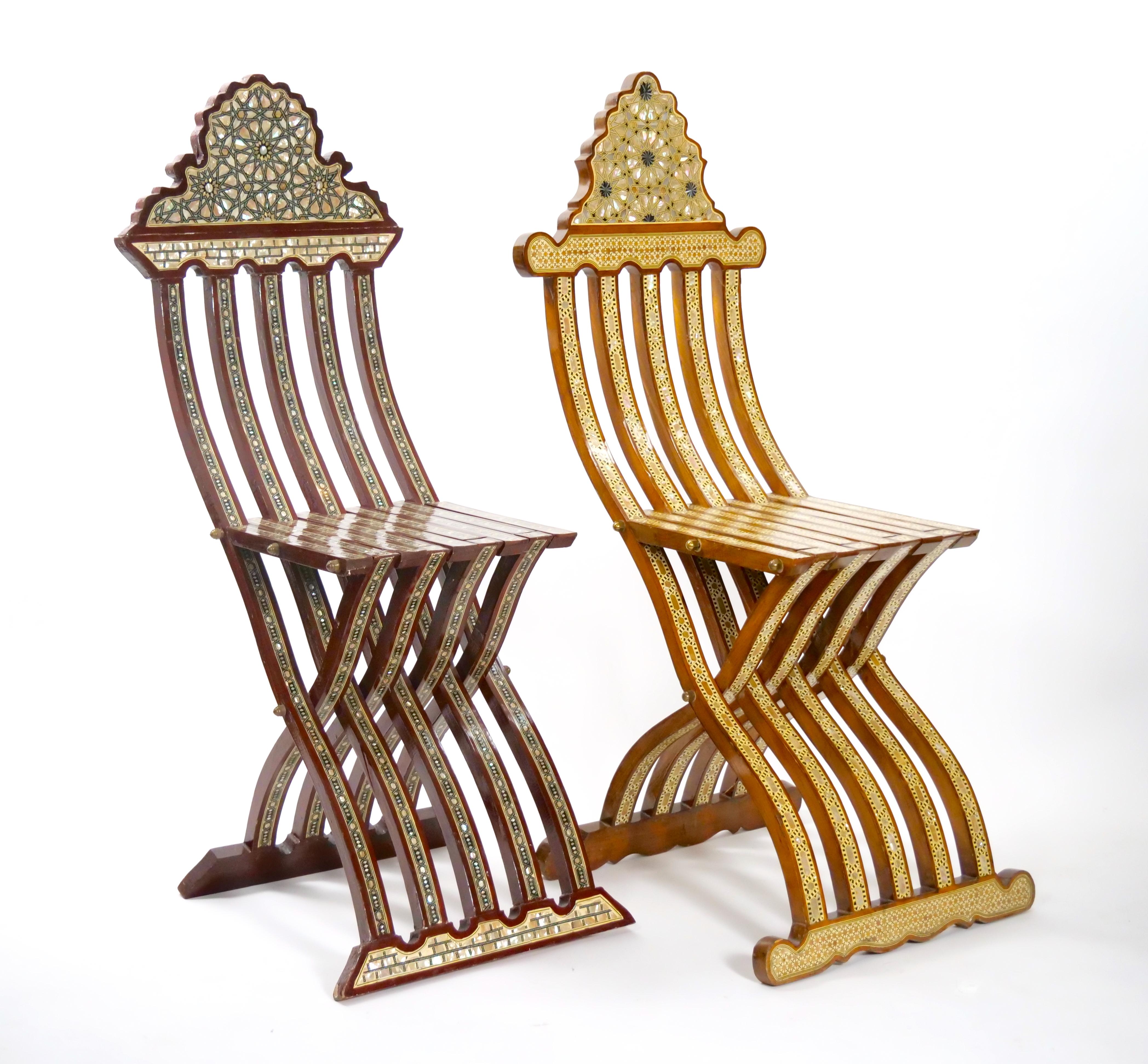 Hand-Carved Pair Syrian Moorish Style Inlaid Folding Chairs
