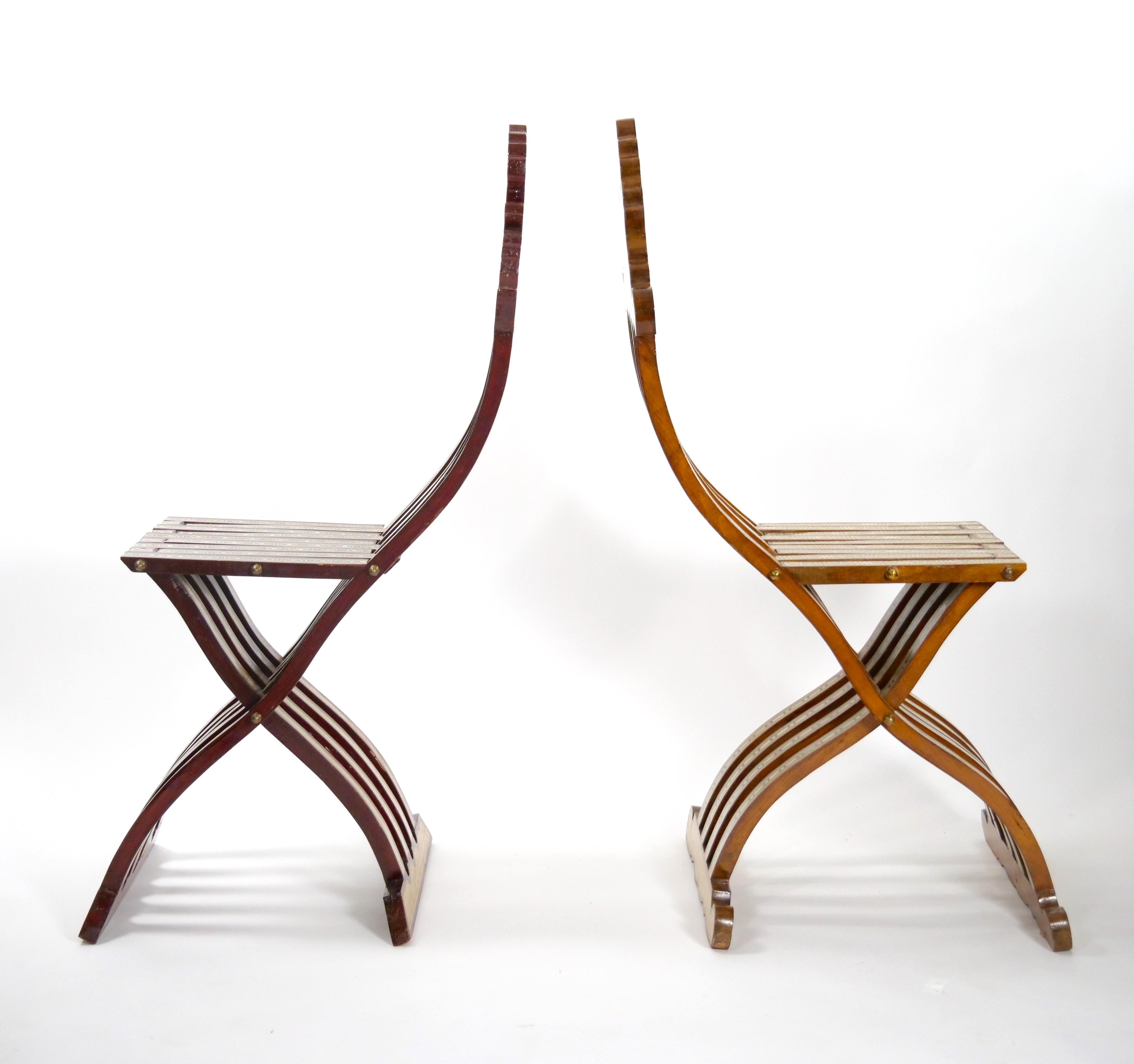 Pair Syrian Moorish Style Inlaid Folding Chairs In Good Condition In Tarry Town, NY