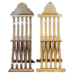 Antique Pair Syrian Moorish Style Inlaid Folding Chairs