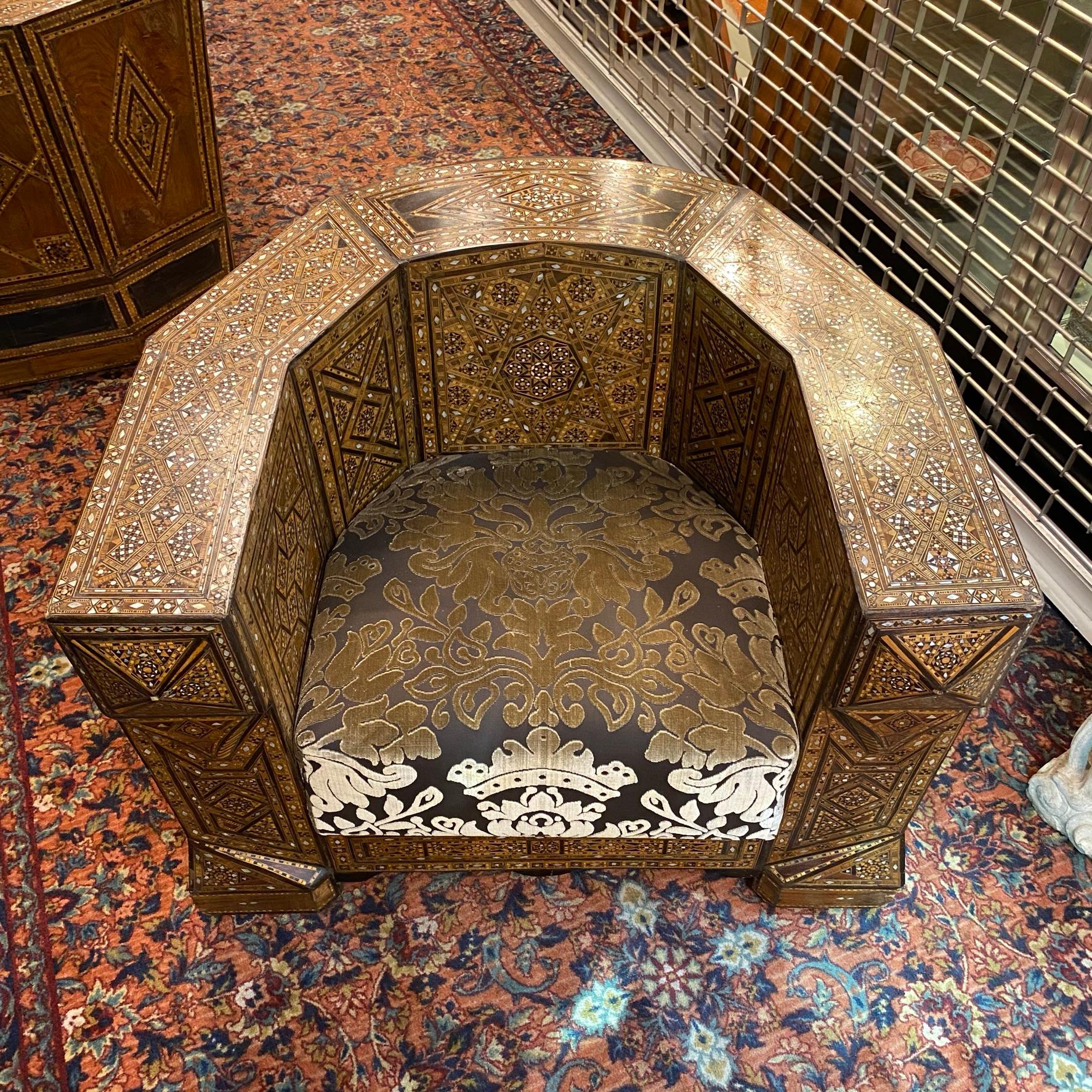 Islamic Pair Syrian Parquetry Inlaid Upholstered Club Chairs