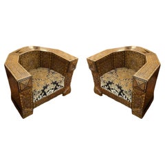 Pair Syrian Parquetry Inlaid Upholstered Club Chairs