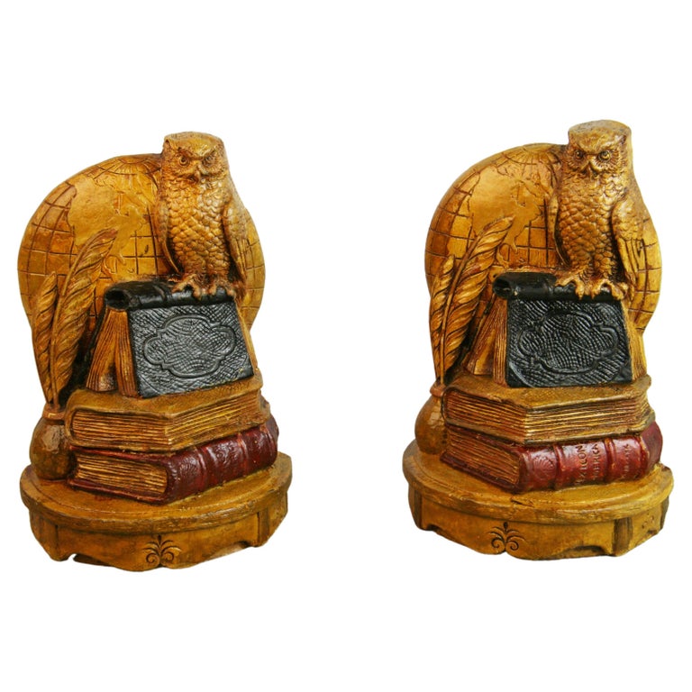 Pair Syrocco Wood Owl Bookends For Sale