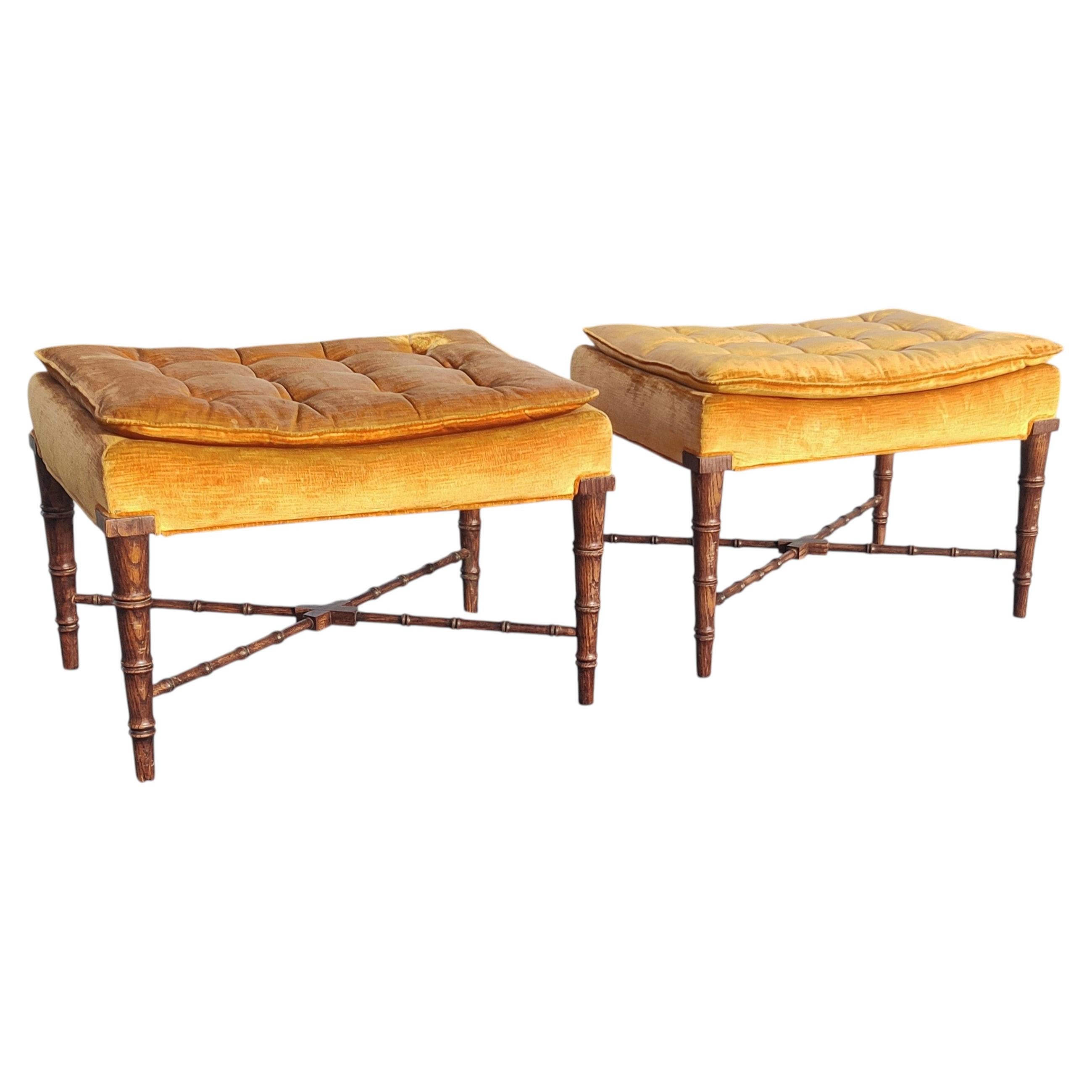 Pair T. H. Robsjohn-Gibbings Style Faux Bamboo Wood & Salmon Ottomans, 1950s