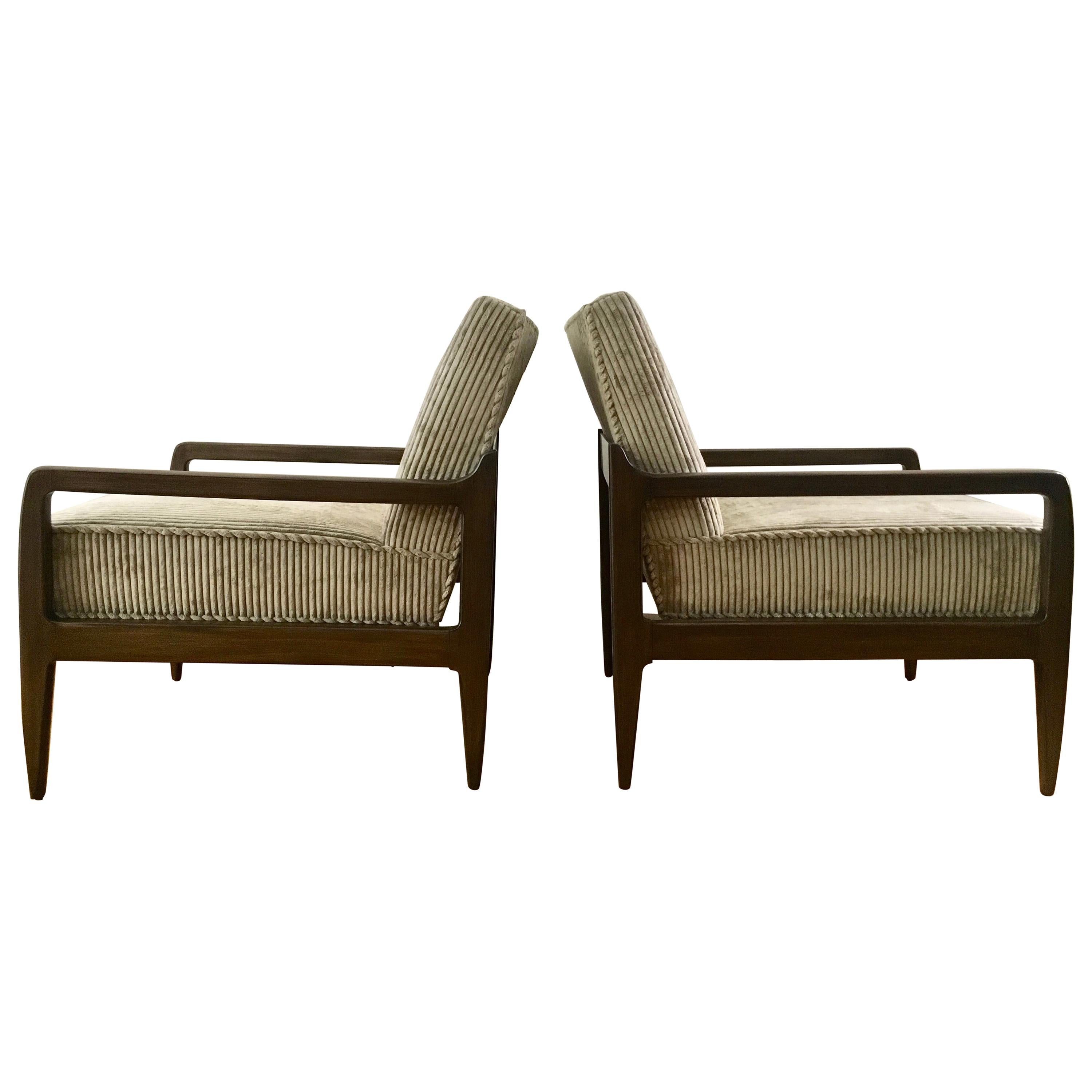 Pair T. H. Robsjohn-Gibbings Style Hand Grained Walnut Lounge Chairs