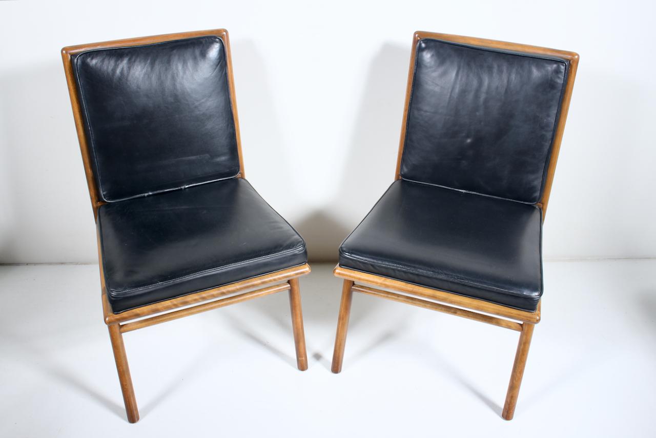 Mid-Century Modern Pair T. H. Robsjohn-Gibbings Upholstered Maple Dining Side Chairs, 1950's