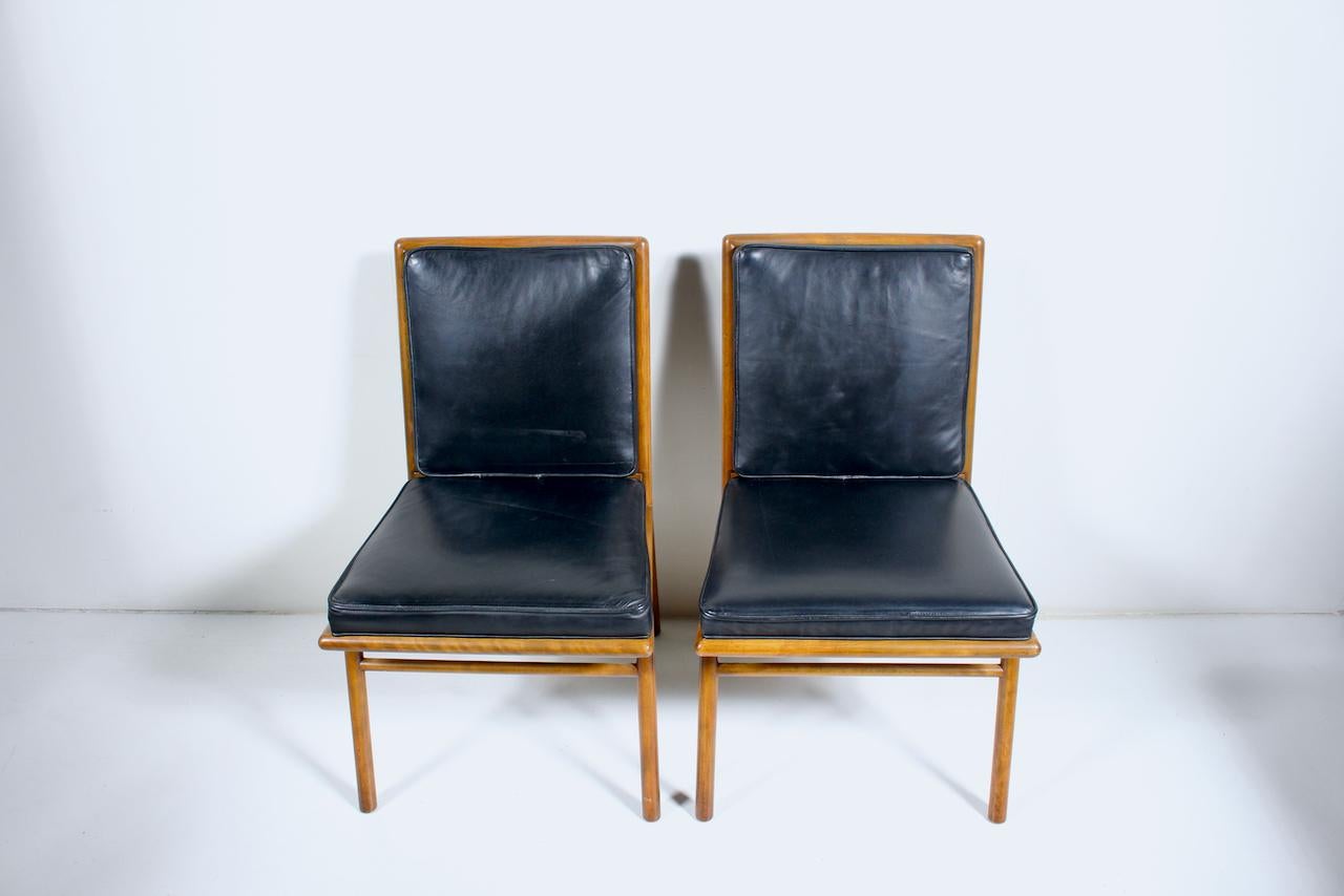 American Pair T. H. Robsjohn-Gibbings Upholstered Maple Dining Side Chairs, 1950's